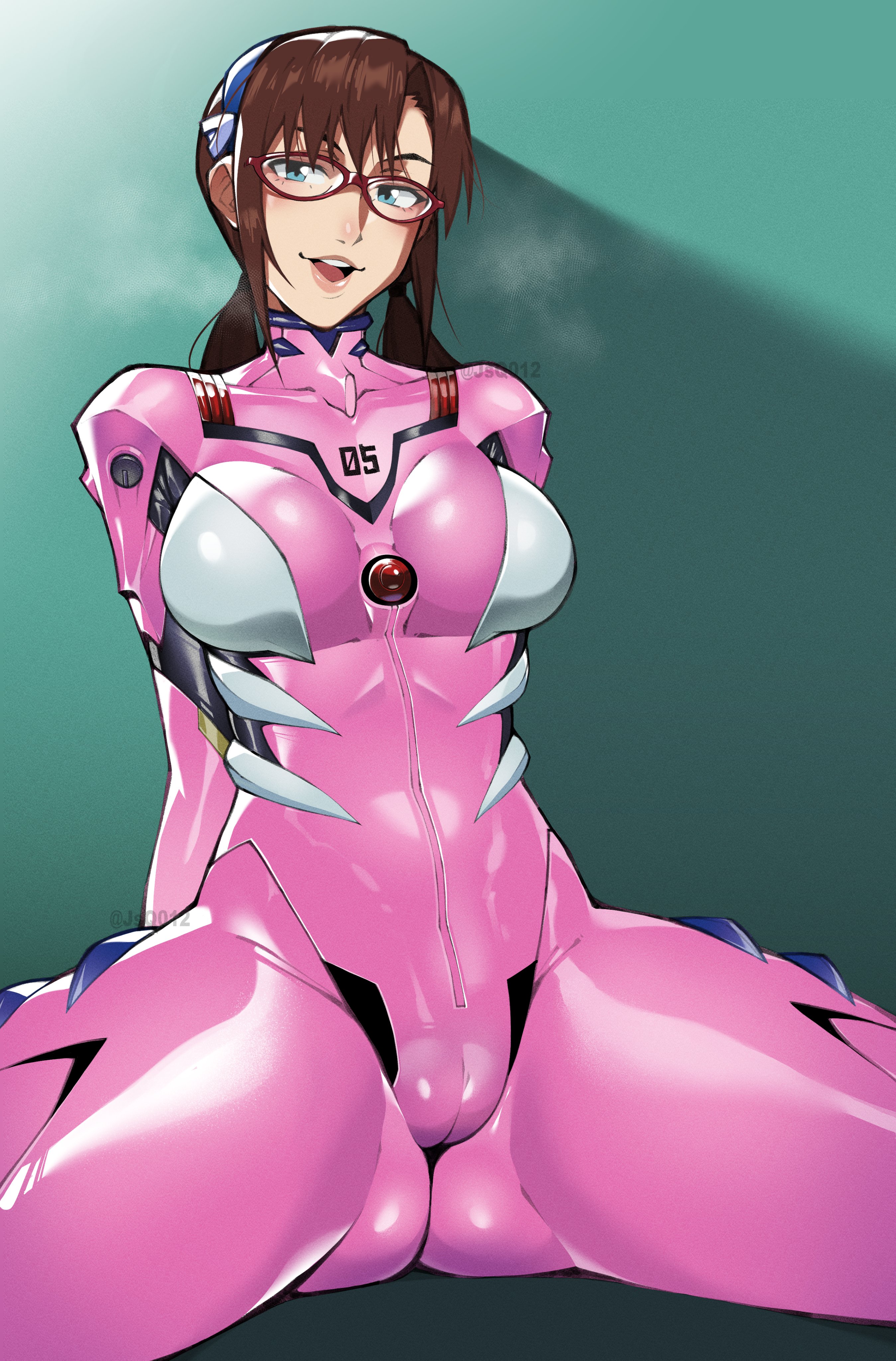 1girls, 2026, artist name, bodysuit, brown hair, cameltoe, female, female only, fully clothed, green eyes, jsq012, looking at viewer, makinami mari illustrious, mari illustrious makinami, neon genesis evangelion, open mouth, pale skin, pale-skinned female, questionable, sfw, solo, solo female, watermark