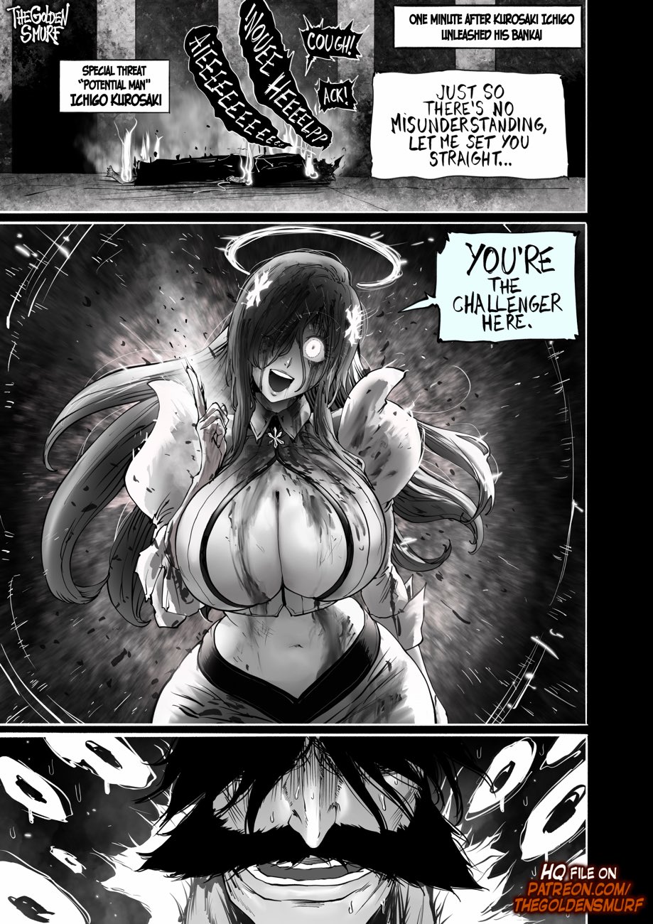 1girls, 2boys, 3 panel comic, big breasts, black and white, black hair, bleach, bleach: the thousand-year blood war, blood, blood on face, blood splatter, breast focus, breasts, busty, challenge, cleavage cutout, comedy, comic, comic page, curvy, dialogue, dress, female, female focus, huge breasts, humor, ichigo kurosaki, imminent fight, inoue orihime, male, midriff, nervous, on ground, speech bubble, sweat, thegoldensmurf, yhwach