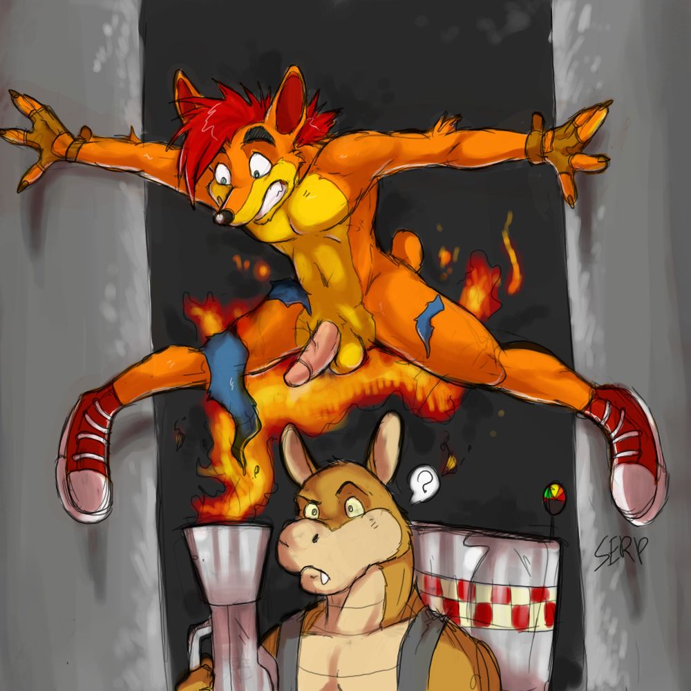 2boys ? anthro arody balls bandicoot black_eyebrows blue_shorts brown_fingerless_gloves brown_gloves claws crash_(series) crash_bandicoot crash_bandicoot_(series) dingodile fingerless_gloves fire flamethrower furry furry_only gay gloves green_eyes male male/male male_focus male_only marsupial mutant-serpentina mutant_serpentina no_humans penis red_hair red_shoes red_sneakers ripped_clothing ripped_shorts shoes signature sneakers spread_legs spreading suspenders testicles torn_clothes torn_shorts video_games yaoi