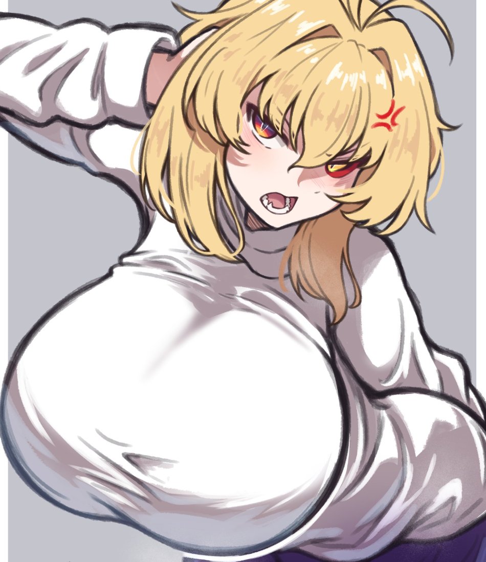 1girl, alternate breast size (larger), anger vein, angry, arcueid brunestud, arm behind back, black pantyhose, blonde hair, blush, breast focus, breasts, colored sclera, commentary, cropped, crossed legs, english commentary, fang, foreshortening, grey background, hair between eyes, hair intakes, hand in own hair, hanging breasts, heterochromia, huge breasts, leaning forward, long skirt, looking at viewer, mystic eyes of enchantment, open mouth, purple skirt, red arcueid, red eyes, red sclera, short hair, side slit, sidelocks, skirt, solo, sweater, tsukihime, tsukihime (remake), turtleneck, turtleneck sweater, vampire, vinsycal, white sweater, yellow eyes
