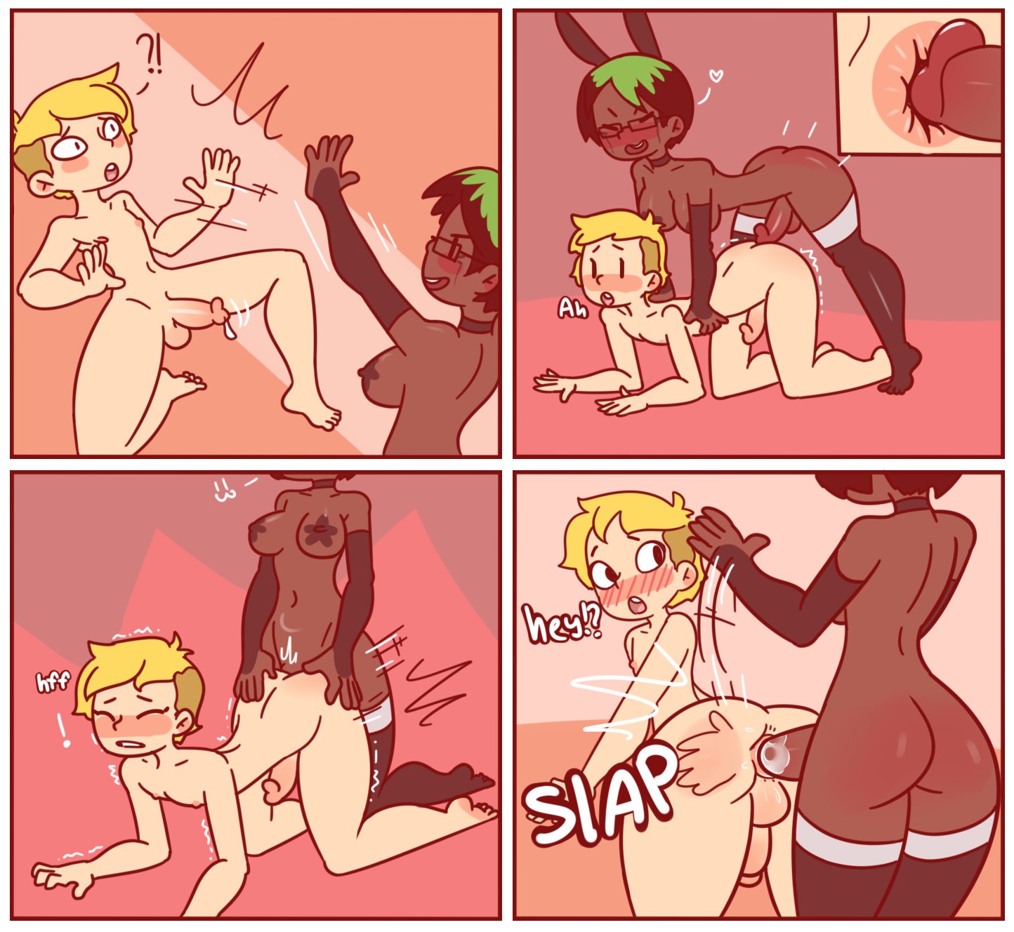 1boy, 1futa, all fours, anal, anal sex, anus, ass, ass grab, back view, black hair, blonde hair, bunny ears, choker, closed eyes, comic, cum, cum in ass, cum inside, dark skin, dark-skinned futa, duo, elbow gloves, embarrassed, erect nipples, erection, eye contact, fake animal ears, futa on male, futa sans pussy, futadom, futanari, glasses, green hair, hand on hip, heart, hourglass figure, interracial, intersex, kneeling, lipstick, looking pleasured, male, medium hair, naked stockings, naked thighhighs, nipples, nude, penis, penis in ass, pink background, pleasure face, precum, red lipstick, red7cat, sex, short hair, simple background, standing, standing sex, stockings, surprised, sweat, thick thighs, thighhighs, trembling, wide hips