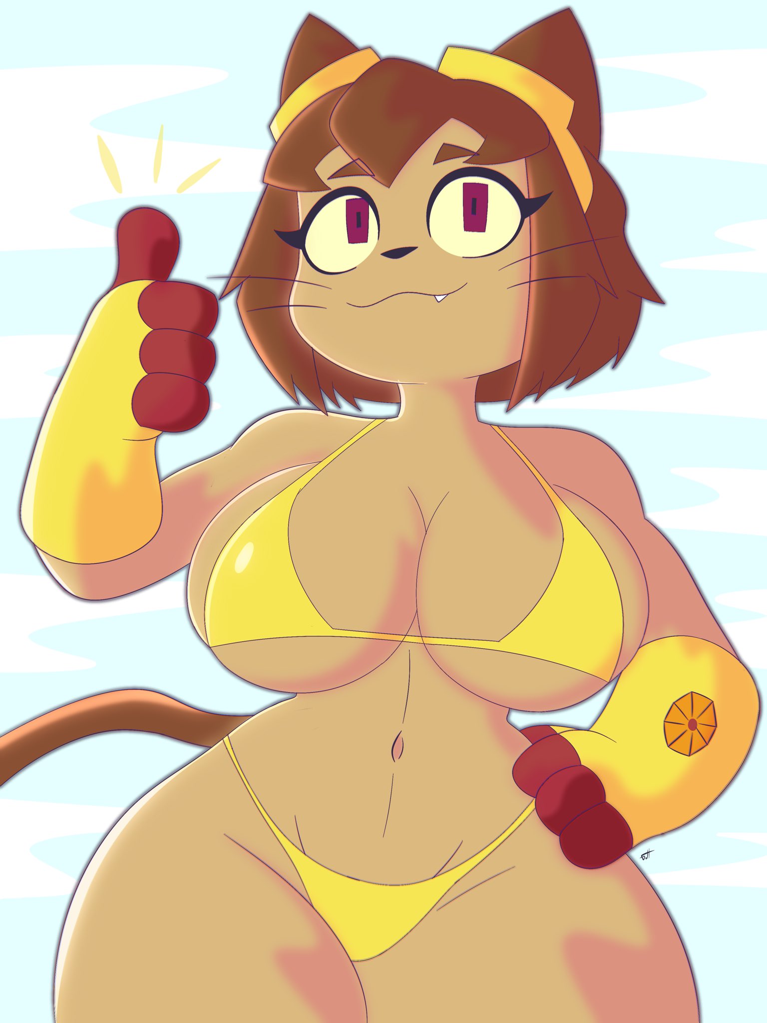beach, big breasts, big thighs, bikini, brown hair, cat ears, cat tail, catgirl, fang, gameoverse, goofy horns, kit (gameoverse), kit bodega, small waist, wide hips