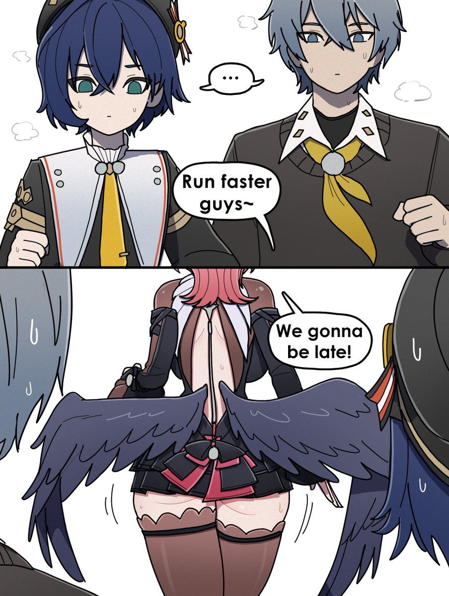 ..., 1boy, 2026, 2girls, 2koma, ass, ass focus, belle (brilliance of stars) (zenless zone zero), belle (zenless zone zero), big ass, brother and sister, dorahdew, english text, feathered wings, hoyoverse, humor, light skin, light-skinned female, light-skinned male, official alternate costume, remielle dan, remielle dan (moonlight whispers), tagme, text, thick, thick thighs, thighhighs, wings, wise (oath of skies) (zenless zone zero), wise (zenless zone zero), zenless zone zero