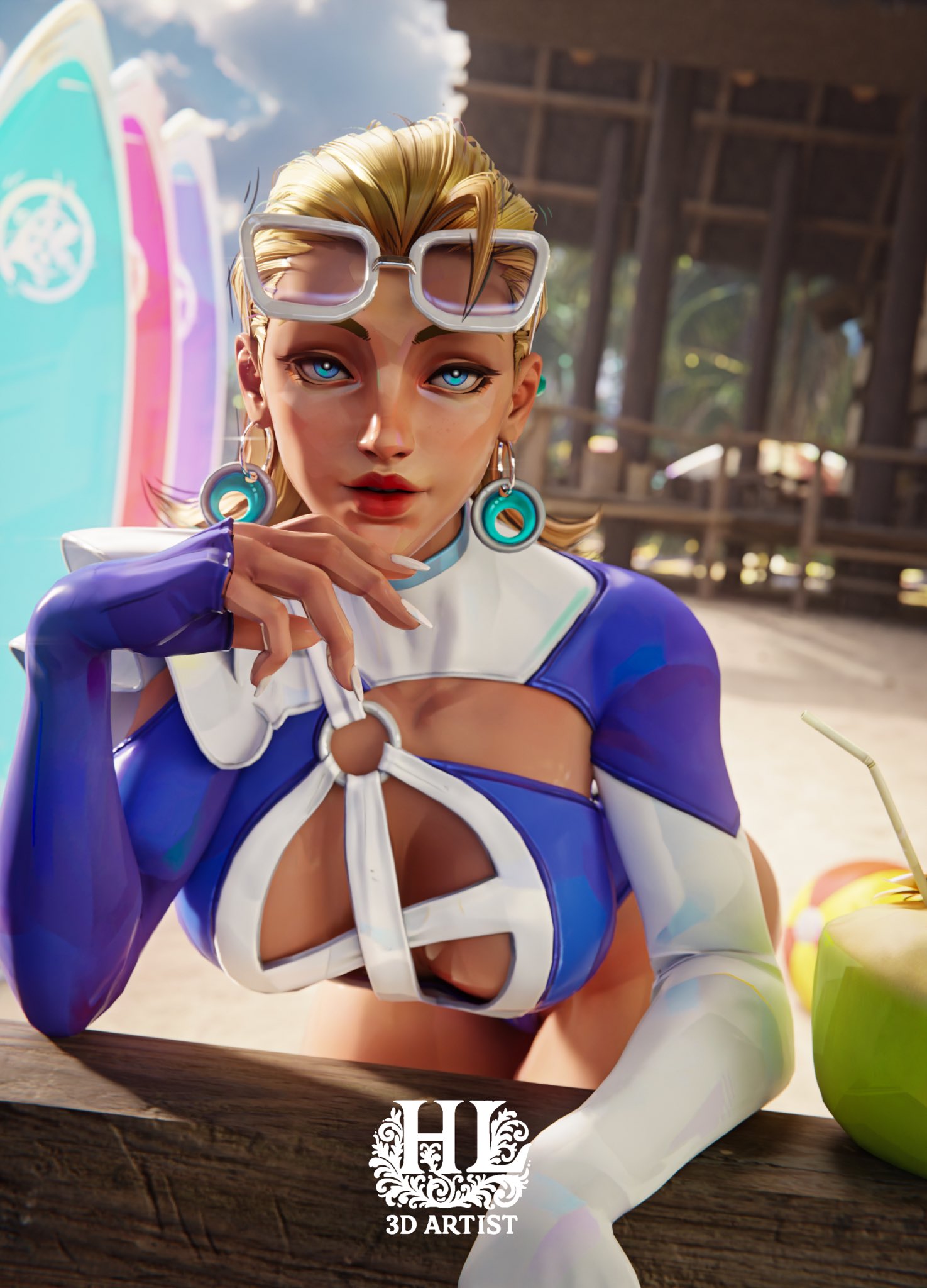 1girls, 3d, 3d (artwork), big breasts, blonde, blonde female, blonde hair, blue eyes, blue one-piece swimsuit, blue swimsuit, breasts, cleavage, clothing, curvy body, curvy female, curvy figure, day, earrings, fantastic four, hashtag loba, huge breasts, invisible woman, invisible woman (azure shade), invisible woman (marvel rivals), light skin, light-skinned female, lipstick, long hair, looking at viewer, marvel, marvel rivals, mature female, milf, mother, netease games, official alternate costume, one-piece swimsuit, outside, red lips, red lipstick, revealing clothes, sitting, solo, solo female, sue richards, sue storm, sunglasses, sunglasses on head, superheroine, surfboard, susan storm, thick breasts, upper body, video games, white sunglasses