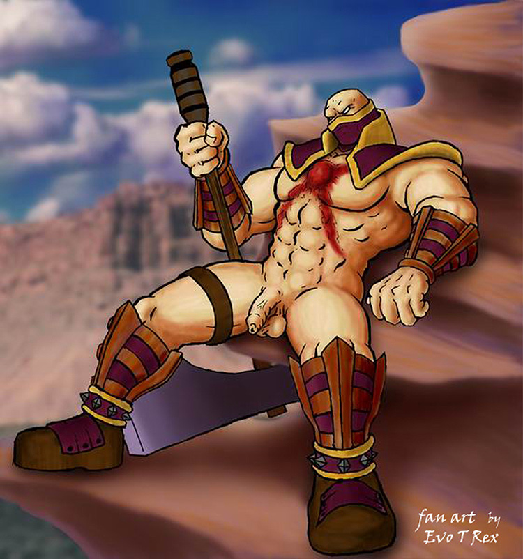 1boy armor astaroth_(soul_calibur) axe bara color evo_t_rex golem human male male_only muscle muscles muscular sitting solo soul_calibur weapon