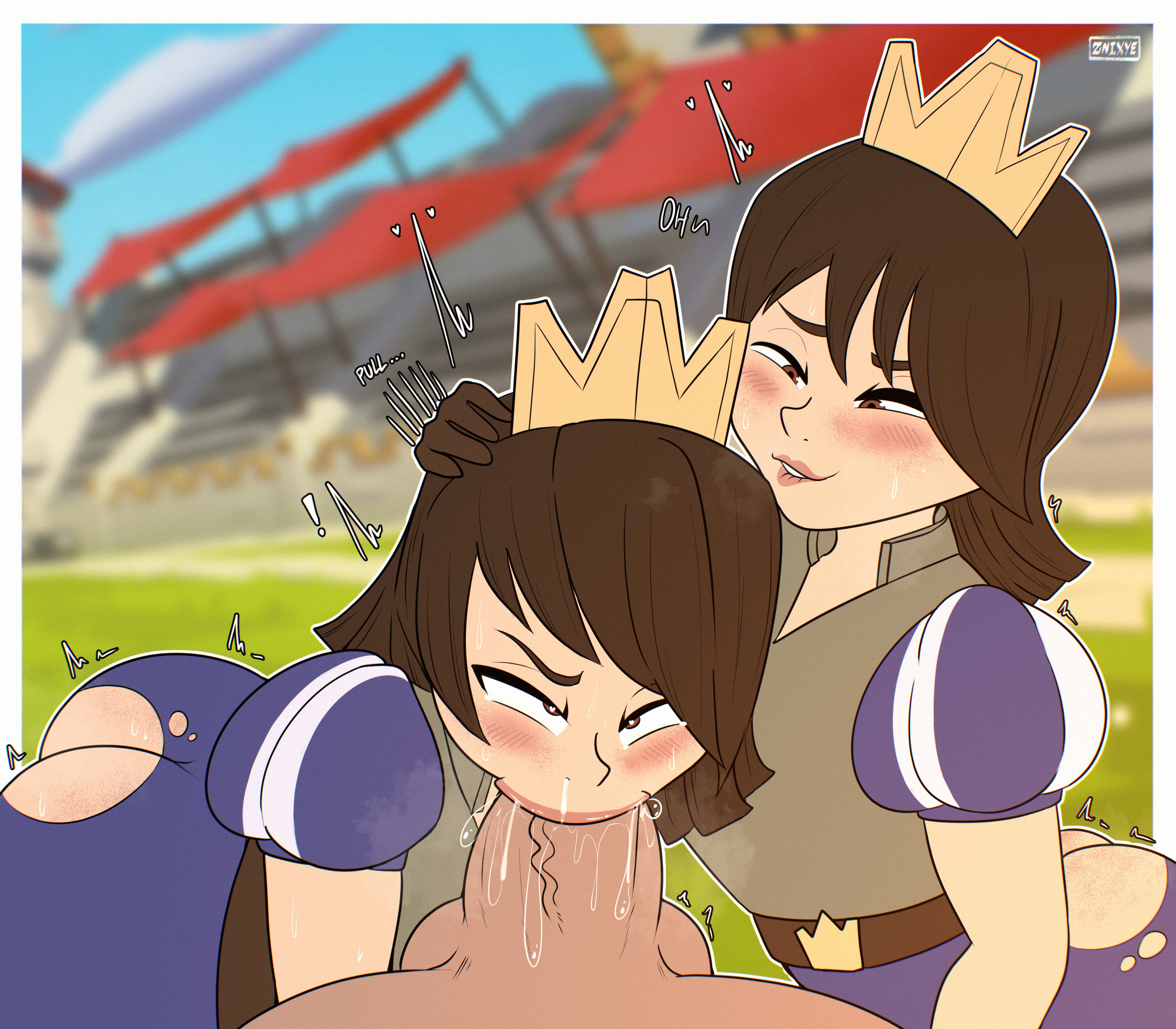 1boy, 2girls, 3some, anon, anonymous male, balls, blowjob, blowjob face, blush, blushing, brown hair, clash (series), clash royale, cock, commission, crown, deepthroat, forced oral, male pov, penis, pov, princess (clash royale), royalty, smile, smiling, sucking, sucking penis, tagme, tagme (artist), tagme (character), threesome, znixye