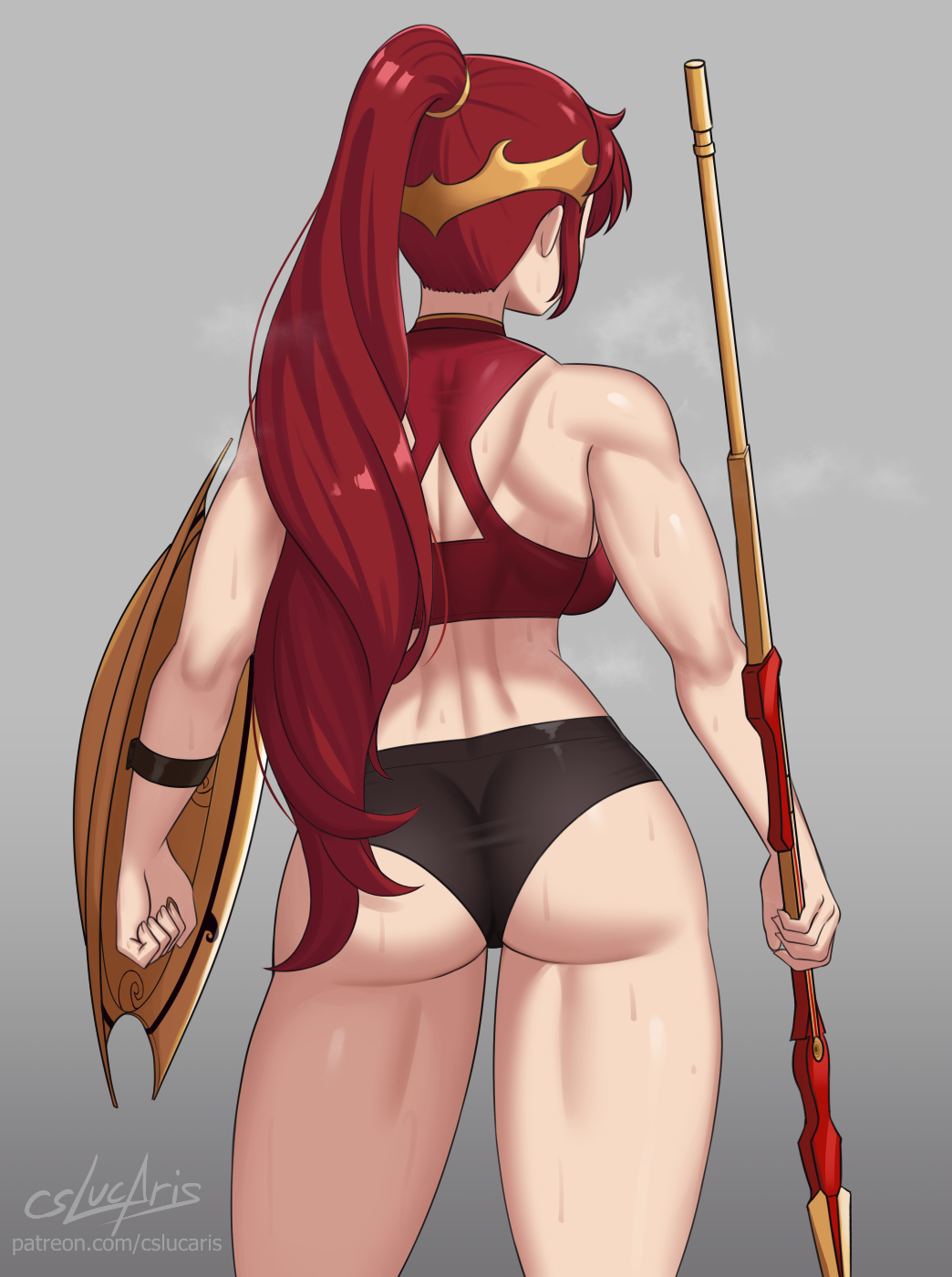 1girls, absurd res, artist name, artist signature, ass, back, back muscles, back view, crop top, cslucaris, english commentary, english text, hi res, ponytail, pyrrha nikos, red hair, rwby, shield, solo, solo female, spear, sweat, sweaty body, tight shorts, viz media, workout clothes
