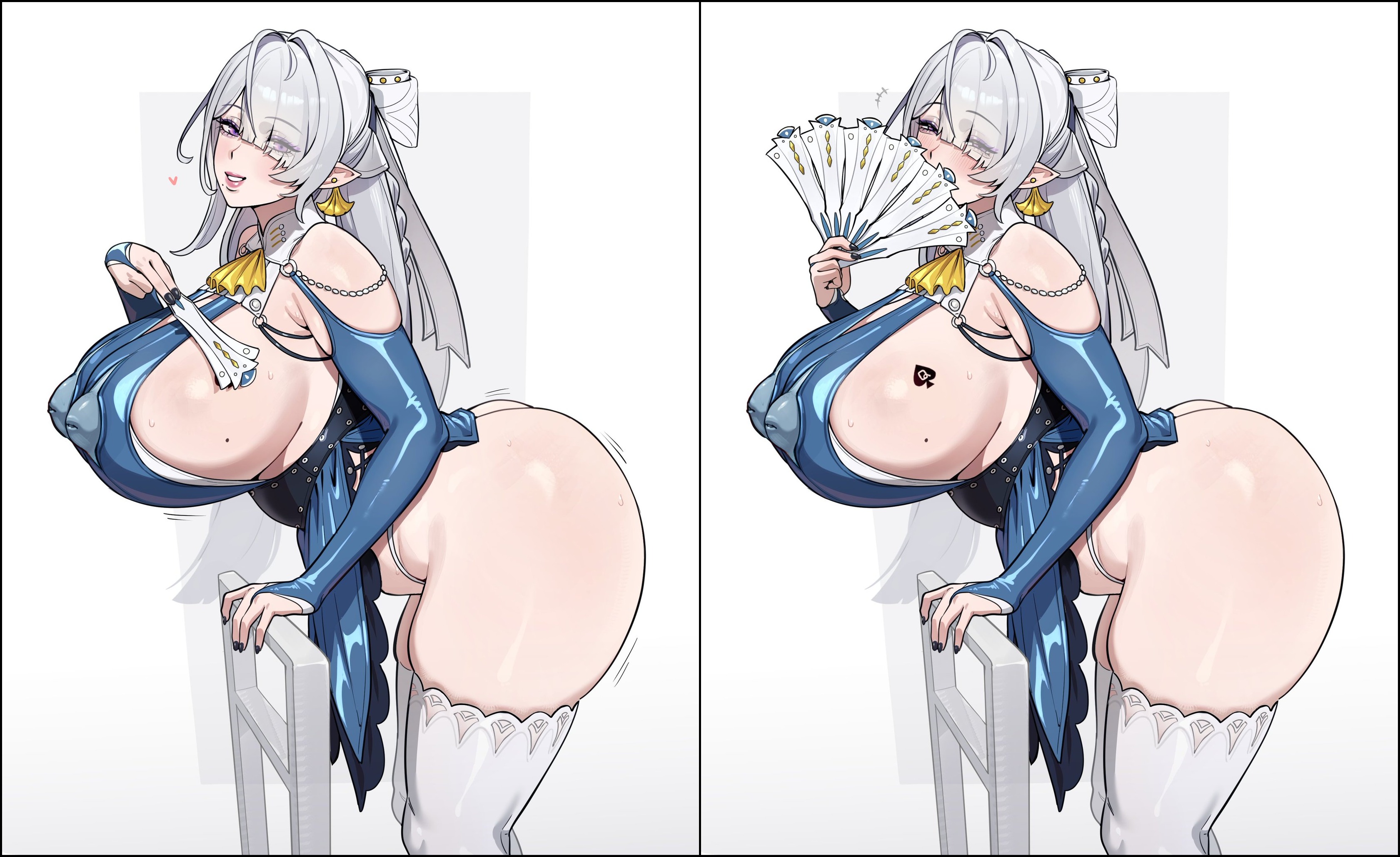 1girls, 2026, 2d, 2d artwork, 2koma, 5t (artist), black nails, covering face, covering mouth, earrings, elbow gloves, elf ears, hair bow, hand fan, huge ass, huge breasts, inverted nipples, light skin, light-skinned female, mihoyo, painted nails, purple eyes, qos, queen of spades, queen of spades symbol, queen of spades tattoo, reveal, tagme, tattoo, tattoo on breast, thighhighs, velina (zenless zone zero), velina airgid, voluptuous female, white bow, white hair, white thighhighs, zenless zone zero