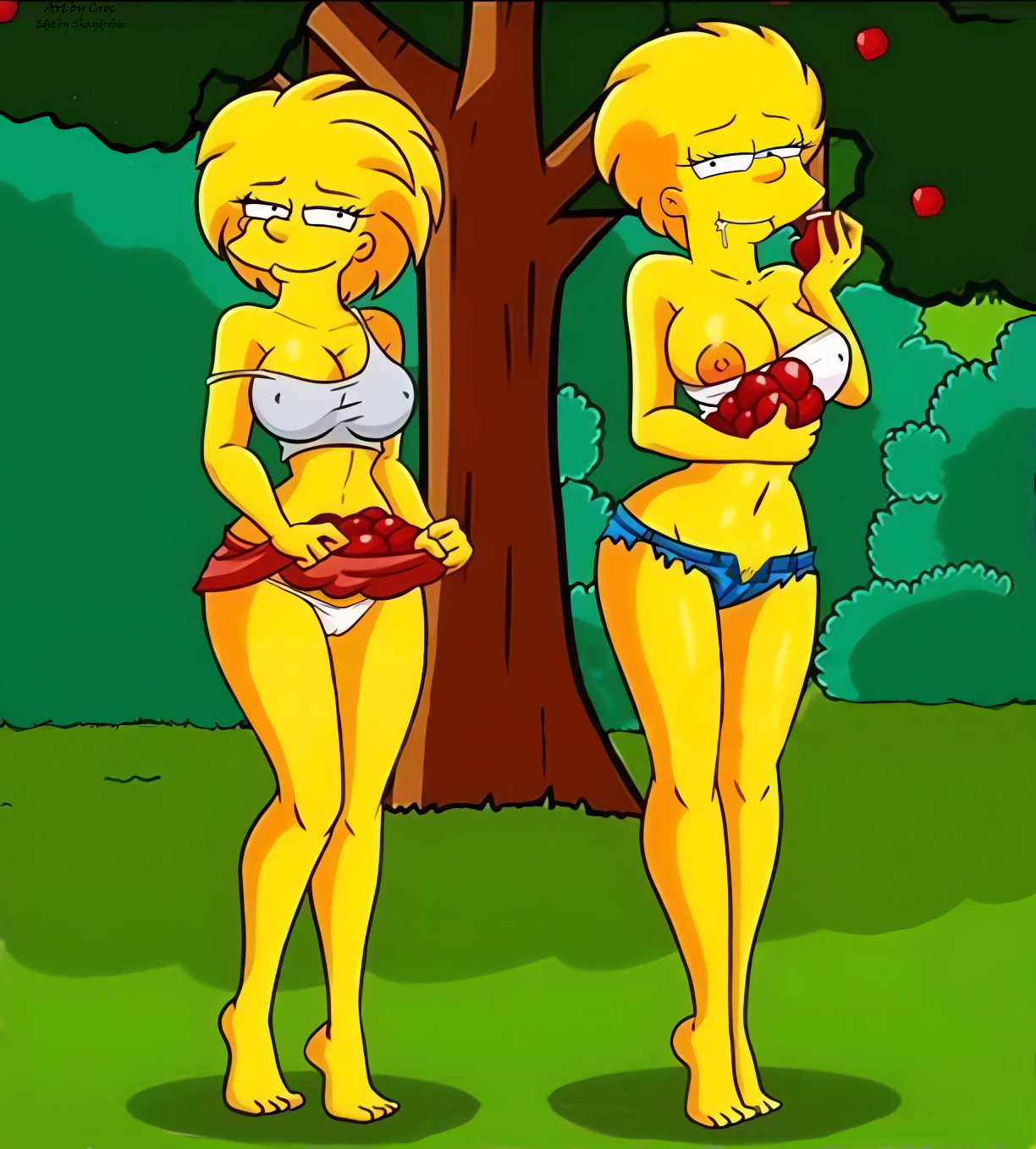 apple, apple tree, bite, cameltoe, clevage, comic panel, croc (artist), dripping juice, eating, eating fruit, edit, exposed areola, exposed breasts, fruit, halter top, jean shorts, large breasts, legs, lisa simpson, looking at viewer, maggie simpson, micro shorts, nature, nipple bulge, nipple slip, outdoors, panties, pubic hair, sexy pose, siblings, sisters, skimpy clothes, the simpsons, tube top, tufos, upskirt, voyeur, yellow skin