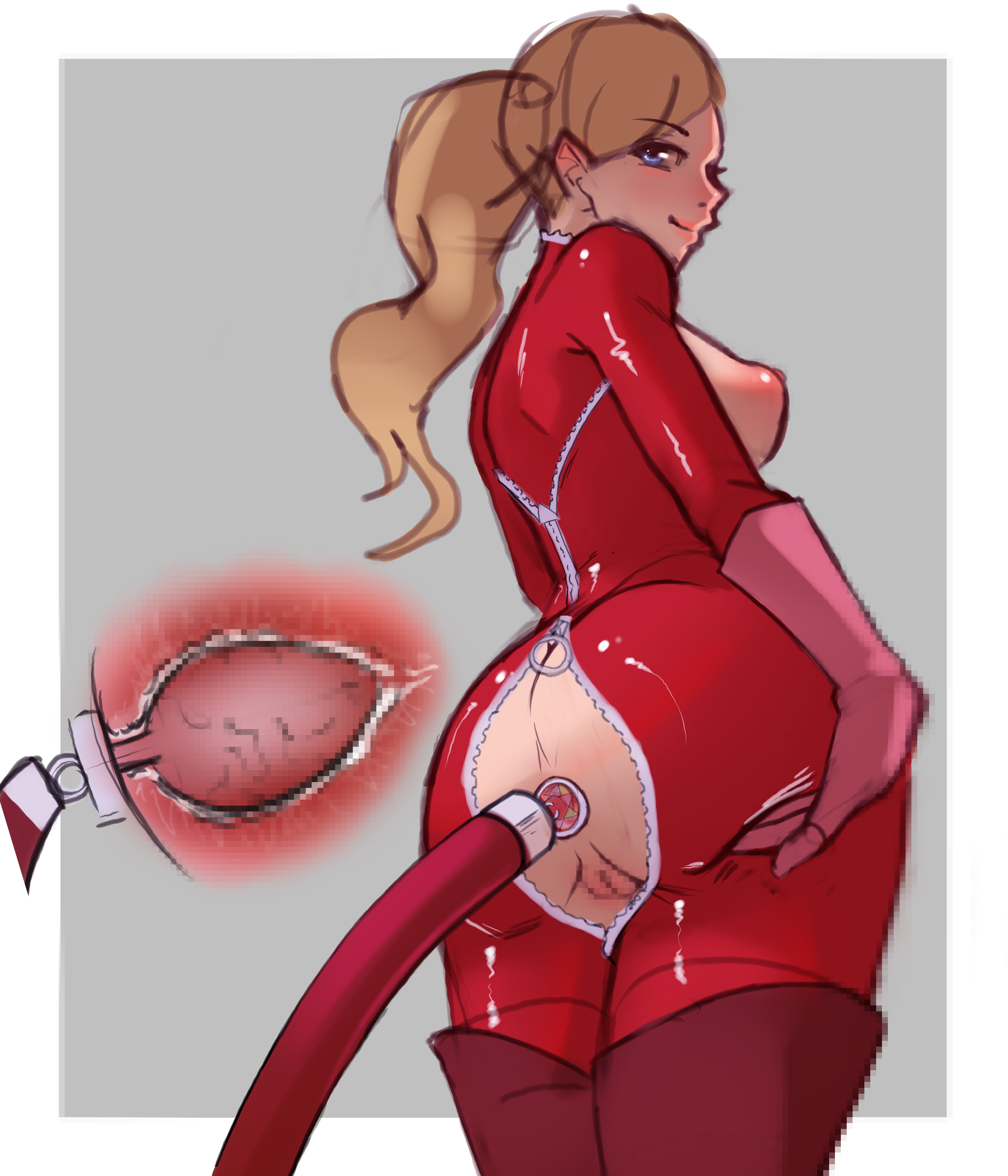 1girl, 1girls, ann takamaki, blonde hair, bodysuit, boots, buttplug, buttplug tail, gauntlets, latex, latex clothing, latex gloves, latex suit, nsfwgreen, persona, persona 5, phantom thief suit, plug (sex toy), plugsuit, red plugsuit, smirk, tail plug, unzipped, unzipped bodysuit
