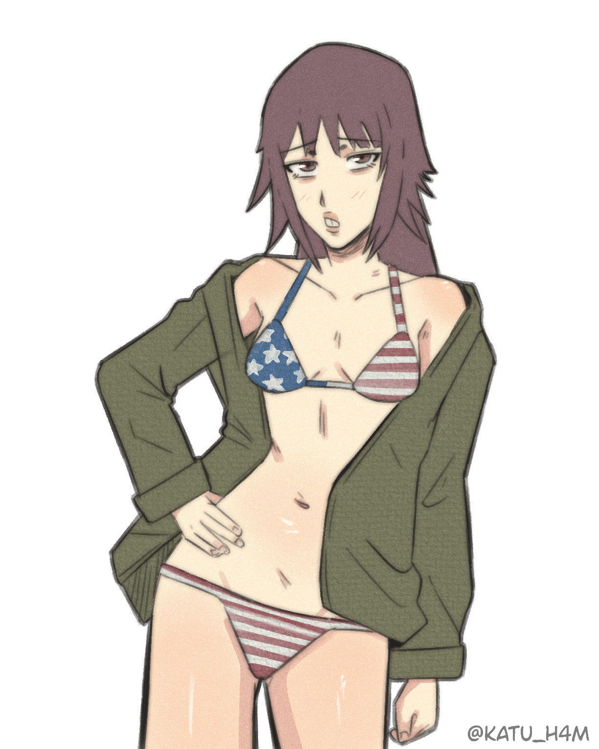 1girl, bikini top, bodysuit, brown hair, femcel, focus, jacket, kara eklund (hitsujigoods), katu h4m, long hair, naked female, nerdy female, petite, petite female, solo, solo female, tits