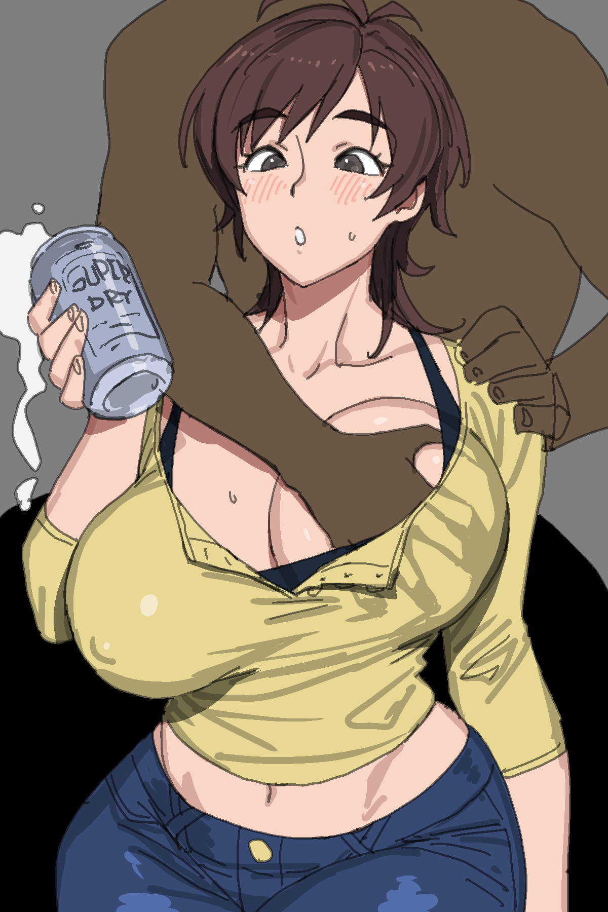:o, 1girl, 1girls, 2d, alcohol, beer, beer can, belly, big breasts, black bra, black clothing, black underwear, blue clothing, blue jeans, blush, blush lines, blushing, blushing female, bra, breast grab, breasts, brown hair, can, child bearing hips, clothing, collarbone, covered nipples, cowboy shot, curvaceous, curvaceous figure, curves, curvy, curvy body, curvy female, curvy figure, curvy hips, dark skin, dark-skinned male, dominant male, drink, ears, eyelashes, faceless character, faceless male, female, female focus, foam, fold, from behind, grabbing, grabbing another's breast, grabbing breasts, grabbing from behind, grey eyes, grope, grope breast, grope from behind, groped from behind, groping, groping breast, groping breasts, groping from behind, hair, hand on shoulder, hand under clothes, holding, holding can, holding object, hs egg, huge breasts, huge hips, jeans, legs, legs together, light skin, light-skinned female, looking at another, male, male domination, maledom, masane amaha, medium hair, midriff, navel, nipples, nipples visible through clothing, nose, onsen tamago (hs egg), open eyes, open mouth, pants, raised eyebrows, shirt, shoulder length hair, simple background, stomach, straight, sweat, sweating, sweating female, sweaty body, sweaty breasts, thick, thick ass, thick eyebrows, thick thighs, underwear, wide hips, witchblade, yellow clothing, yellow shirt
