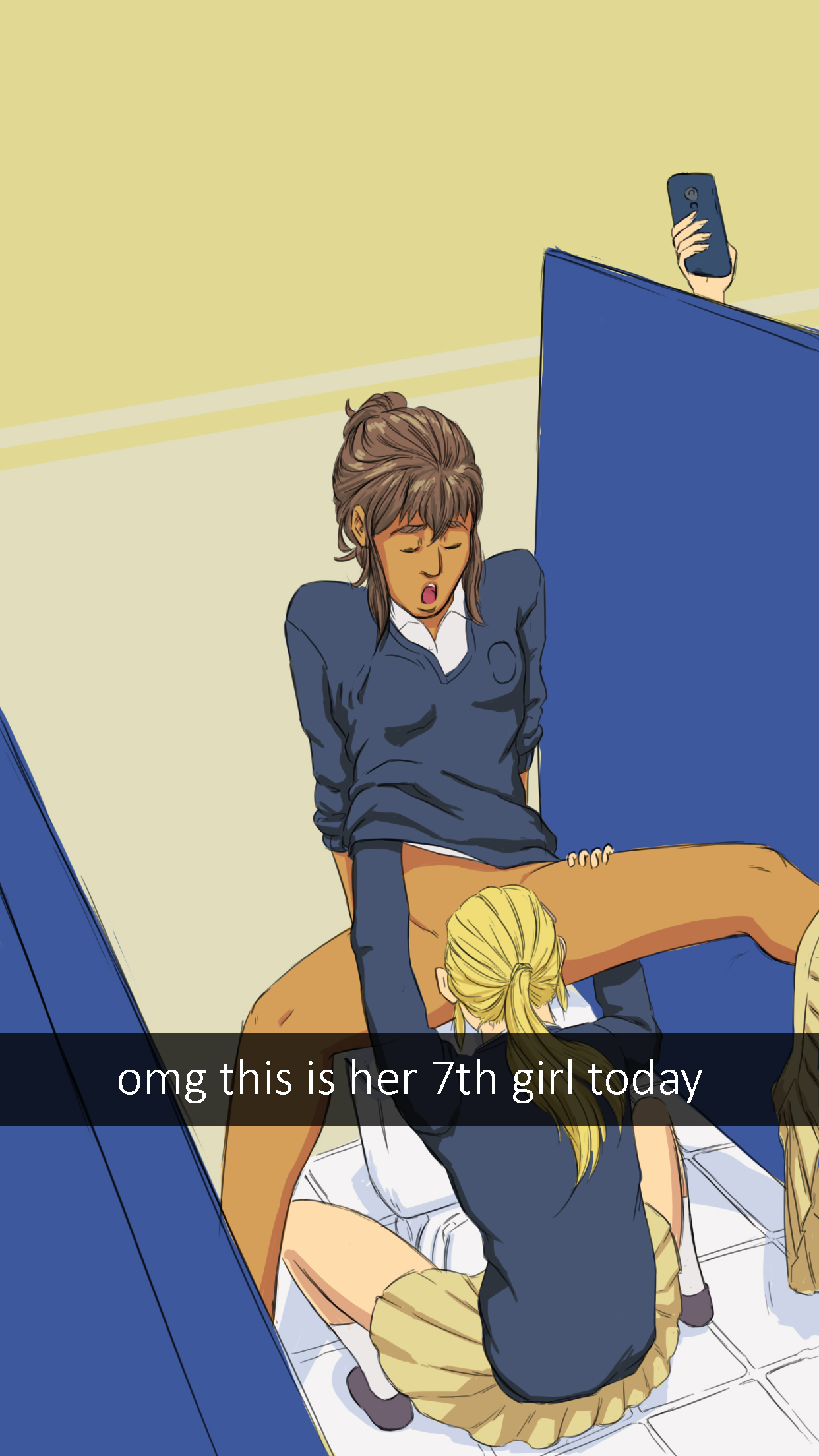 bathroom, bathroom stall, cunnilingus, dark skin, dark-skinned female, female, female only, kamala khan, lesbian, light skin, light-skinned female, marvel, marvel comics, ms. marvel, oral, oral sex, recording, saibutts (artist), school uniform, small breasts, smartphone