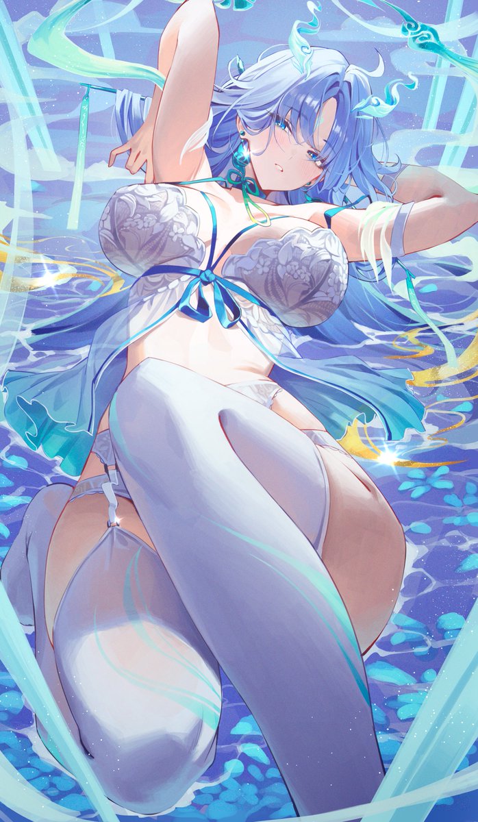 1girls, big breasts, blue eyes, blue hair, breasts, female, large breasts, lingerie, long hair, lying, lying on back, netural, qingxiao (wuthering waves), thighhighs, very long hair, white lingerie, white thighhighs, wuthering waves