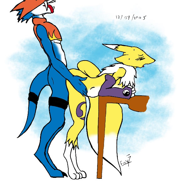 anthro color digimon female flamedramon fox7 fur furry male nude renamon sex side_view tagme