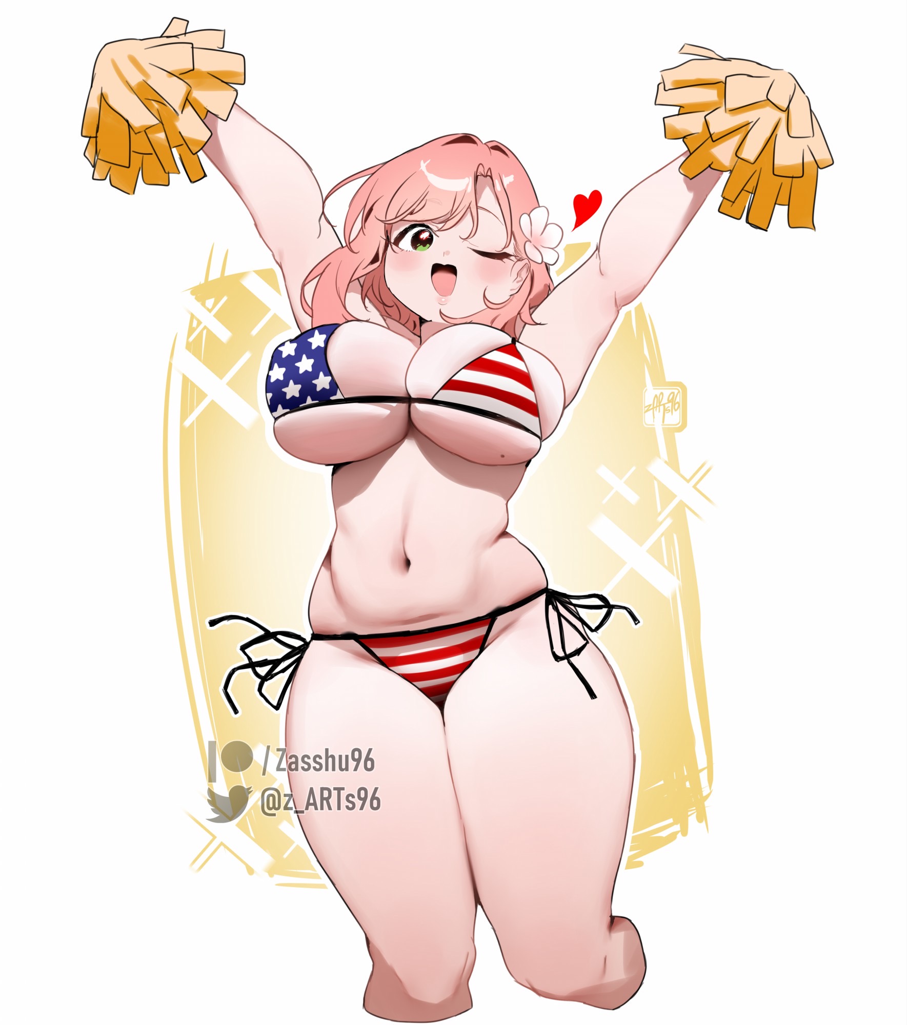 1girls, american flag bikini, artist logo, big breasts, big thighs, breasts, butt, curvy, curvy body, curvy female, curvy figure, flag bikini, flower, flower in hair, green eyes, hair ornament, hanazono hakari, hi res, high resolution, highres, looking at viewer, patreon logo, patreon username, pink hair, short hair, solo, solo female, solo focus, the 100 girlfriends who really really really really really love you, thick thighs, thighs, white background, zasshu, zasshu96