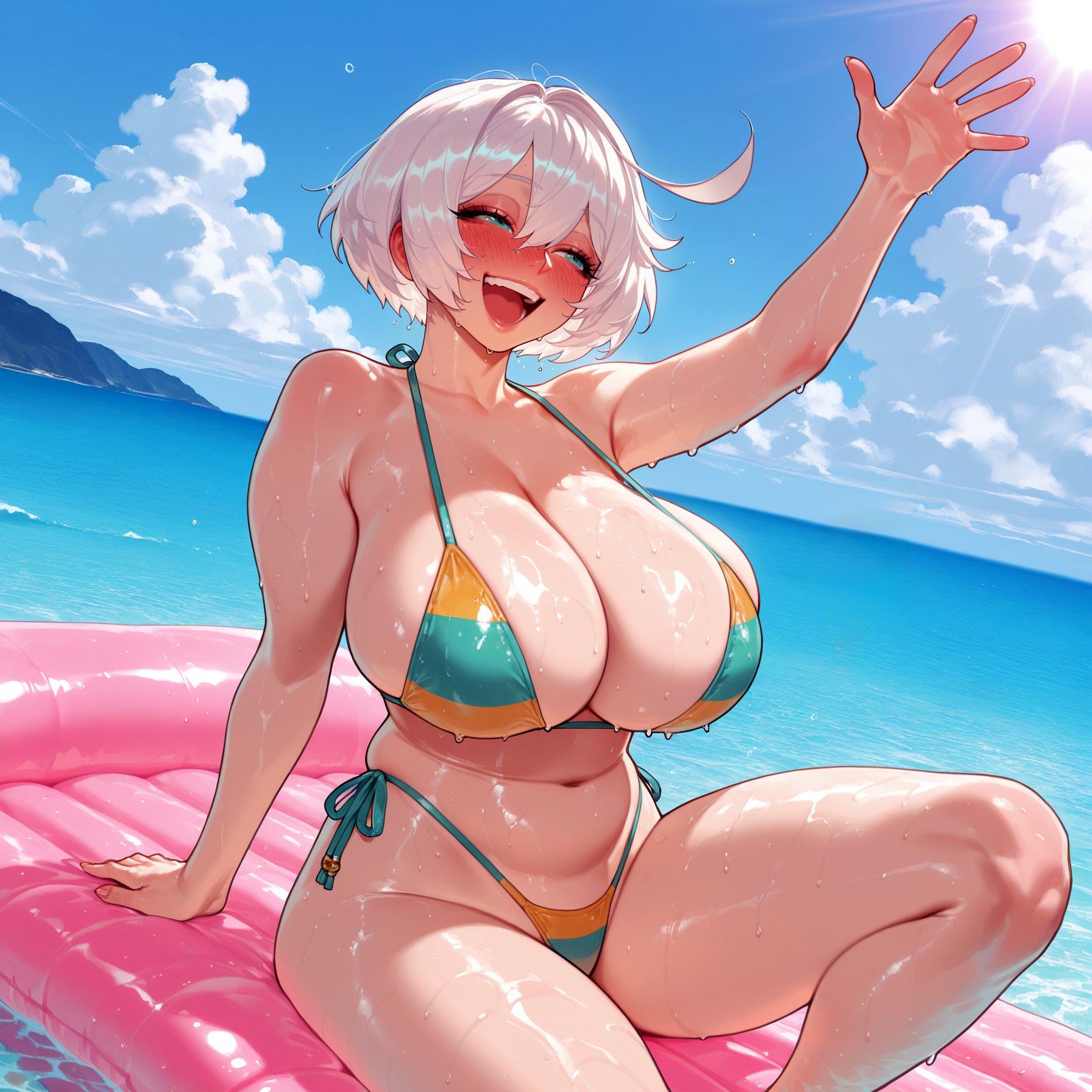 1girl, 1girls, ahoge, ai generated, balecxi, beach, belly, bikini, blue sky, blush, borrowed character, breasts, cleavage, closed eyes, clothing, cloud, collarbone, curvaceous, curvaceous female, curvaceous figure, curvy, curvy figure, day, elphelt valentine, female, female focus, green bikini, guilty gear, guilty gear strive, halterneck, highleg bikini, huge ahoge, huge breasts, inflatable raft, inviting, inviting to sex, large breasts, multicolored bikini, multicolored clothes, navel, ocean, open mouth, outdoors, plump, presenting, presenting ass, presenting breasts, presenting hindquarters, presenting pussy, presenting self, seductive, seductive look, seductive smile, shiny skin, short hair, side-tie bikini bottom, sitting, sky, smile, solo, string bikini, striped bikini, striped clothes, summer, sun, sunlight, swimsuit, teeth, thick thighs, thighs, uncensored, veiny breasts, voluptuous, voluptuous female, water, waving, wet, white hair