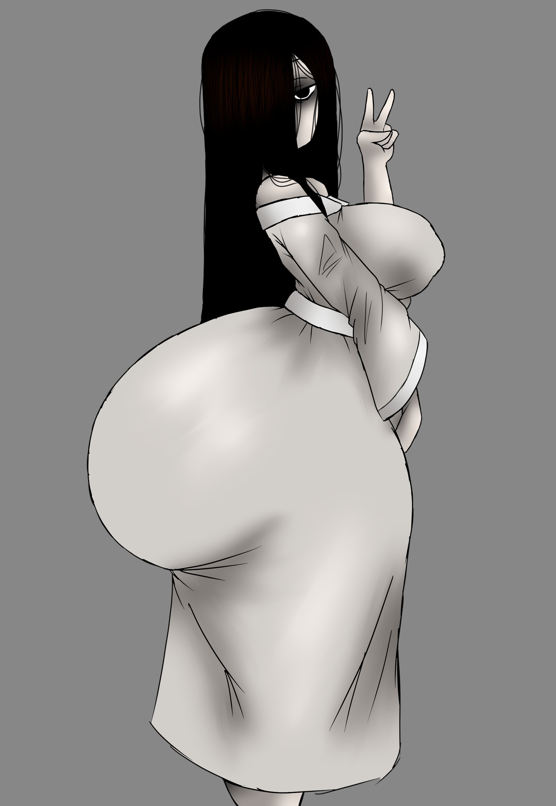 ass, ass in dress, black hair, breasts, bubble butt, curvy, fat ass, female, female only, ghost, ghost girl, grey background, hair over one eye, huge ass, korbaen, large breasts, long dress, long hair, looking at viewer, plump ass, side ass, side view, simple background, solo, the ring, thick ass, thick thighs, v, very long hair, white dress, yamamura sadako