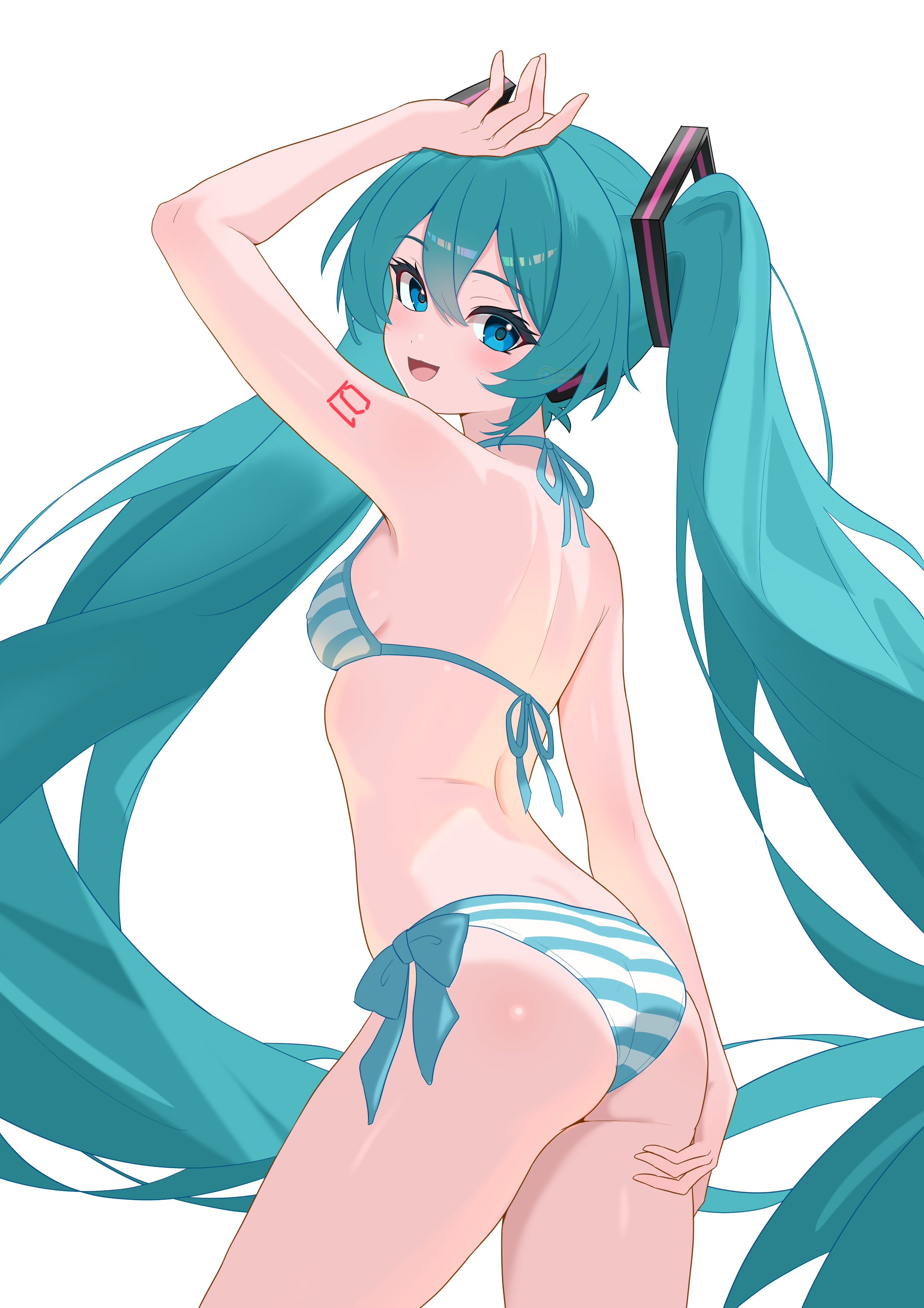 :d, 1girl, arm above head, ass, blush, breasts, contrapposto, female, from behind, hand on ass, hatsune miku, legs apart, looking back, small breasts, solo, striped bikini, thighs, vocaloid