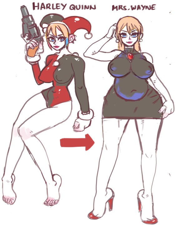 1girls, batman (series), before and after, belly, big belly, big breasts, blonde hair, breasts, dc comics, domestication, female, female only, gun, harleen quinzel, harley quinn, harley quinn (classic), high heels, large breasts, nipple bulge, nipple outline, nipples, pregnant, purification, solo, solo female, stepfordization, tagme (artist), wide hips