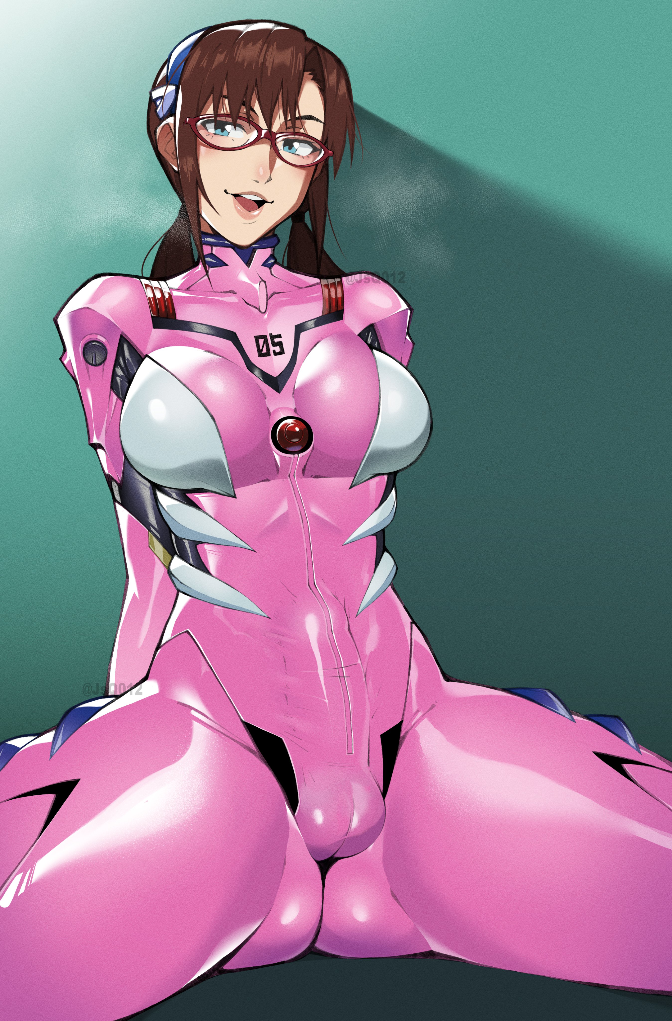 1futa, bodysuit, brown hair, futa only, futanari, green eyes, jsq012, looking at viewer, makinami mari illustrious, mari illustrious makinami, neon genesis evangelion, pale skin, pale-skinned futa, solo, solo futa