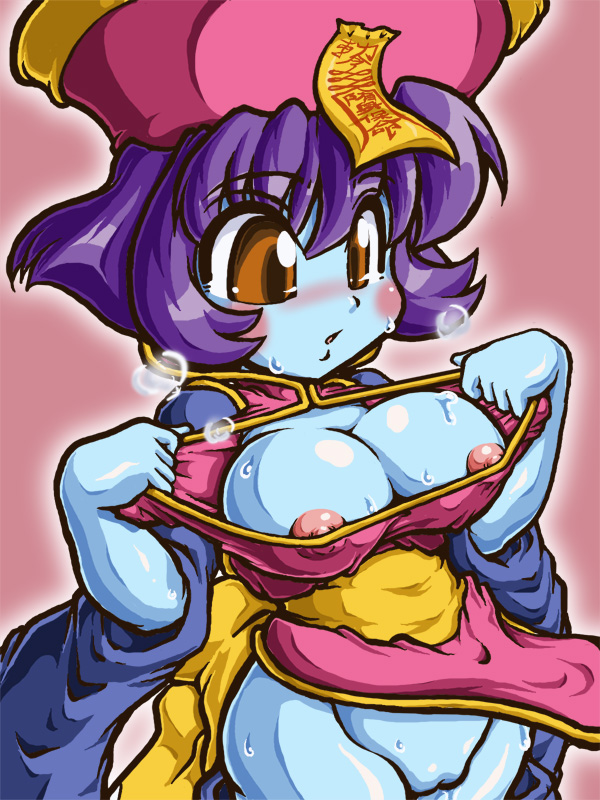 1girls areolae blue_skin blush bottomless breasts brown_eyes capcom chibi cleavage_cutout clothing darkstalkers dress female hat hirose_tsunami hsien_ko jiangshi large_breasts lei-lei lei_lei nipple_slip nipples ofuda purple_hair pussy short_hair smooth_skin solo sweat uncensored