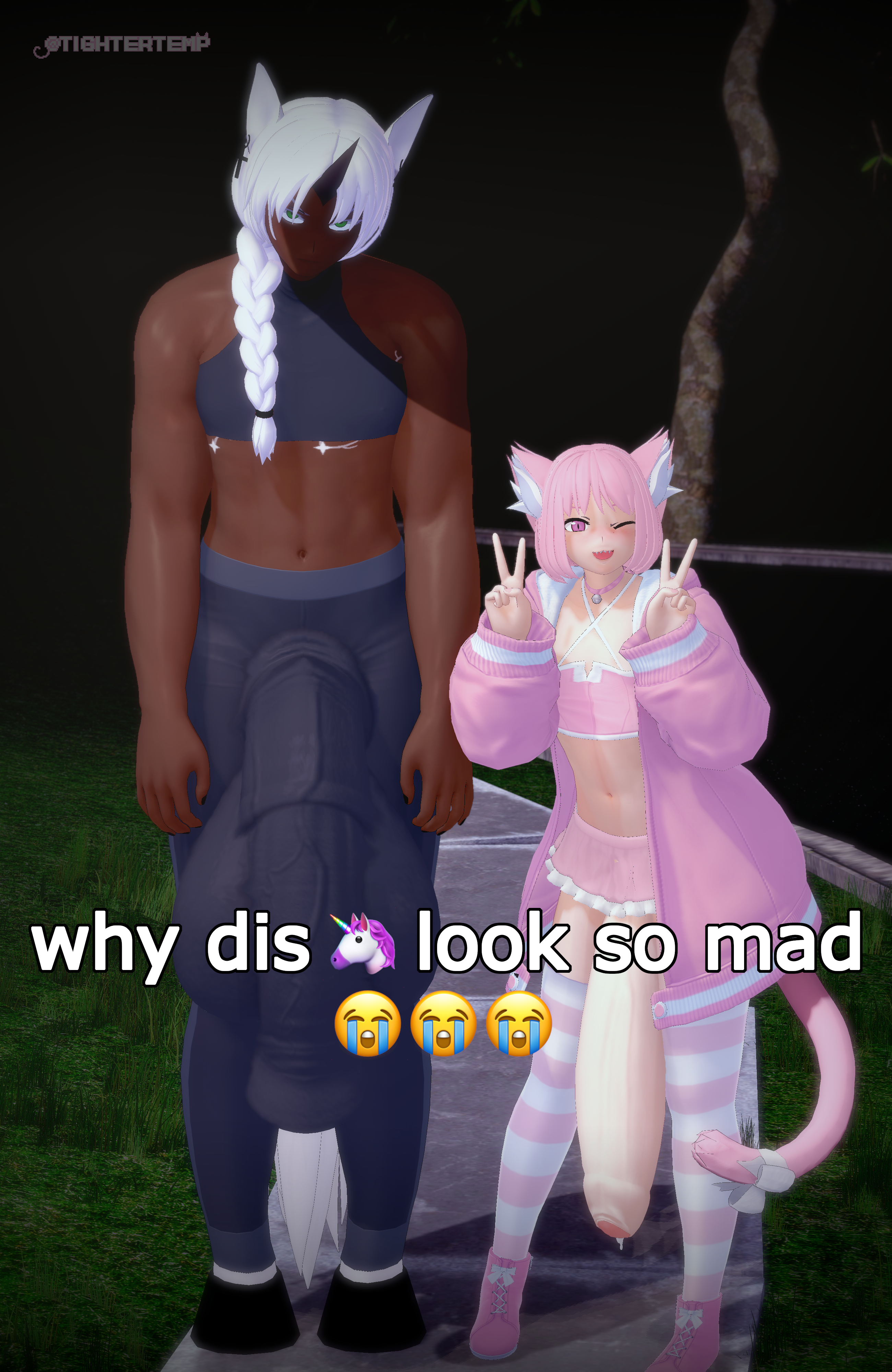 2boys, 3d, adrian (tightertemp), angry, animal ears, animal genitalia, animal humanoid, animal penis, animal tail, balls, balls bigger than head, big balls, black nails, blush, blushing, braided ponytail, caption, cat boy, cat ears, cat tail, catboy, cloud, clouds, dark-skinned male, dripping cum, dripping precum, emoji, equine genitalia, equine penis, fayth (tightertemp), feline, femboy, flared penis, foreskin, frown, gay, genital markings, giant penis, gigantic penis, green eyes, horn, horsecock, huge balls, huge cock, hung, hung bottom, hung femboy, hung trap, hyper balls, hyper penis, koikatsu, light-skinned male, looking at penis, male, male only, markings, massive penis, meme, night, outdoors, penis, penis bigger than head, penis bigger than torso, penis markings, penis out, penis under skirt, pink eyes, pink hair, pink tail, ponytail, precum, public, public nudity, short hair, smile, standing, staring at viewer, tail, thighhighs, tightertemp, uncircumcised, uncut, unicorn horn, wink, winking at viewer