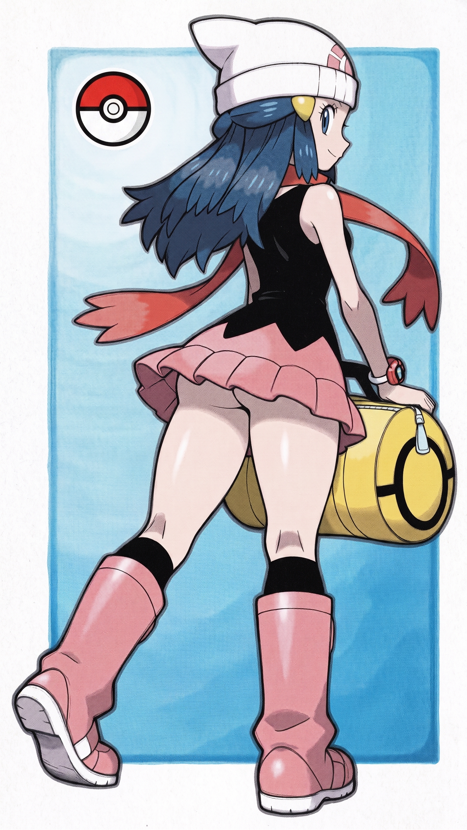 bag, black shirt, black socks, blue eyes, blue hair, bonnet, dawn (pokemon), from behind, hat, highres, hikari (pokemon), knee boots, looking back, miniskirt, no panties, pink boots, pink skin, pokemon, pokemon dppt, scarf, thighs, underbutt
