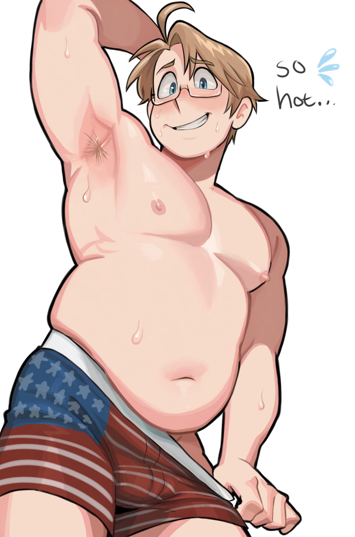 alfred jones, america (hetalia), american flag, american flag legwear, american flag print, armpit hair, axis powers hetalia, chubby male, glasses, hetalia, male only, moobs, solo, solo male, sweaty, tugging clothing