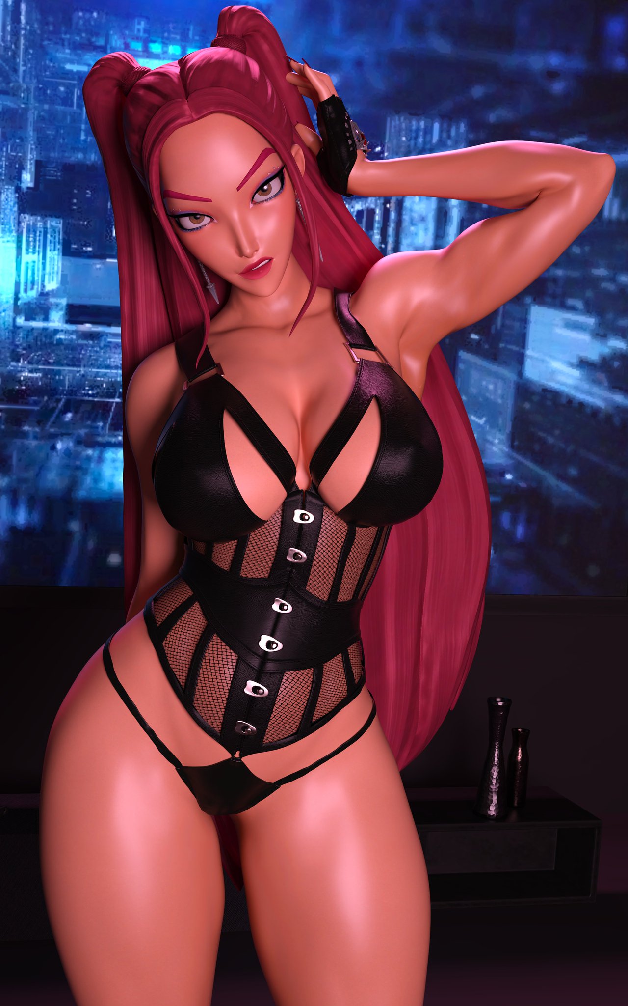 3d, asian, asian female, athletic, athletic female, brown eyes, busty, candydragonth, female, female focus, female only, hourglass figure, kpop demon hunters, long hair, mira (kpop demon hunters), pink hair, pinup, pinup pose, tagme, twintails, wide hips