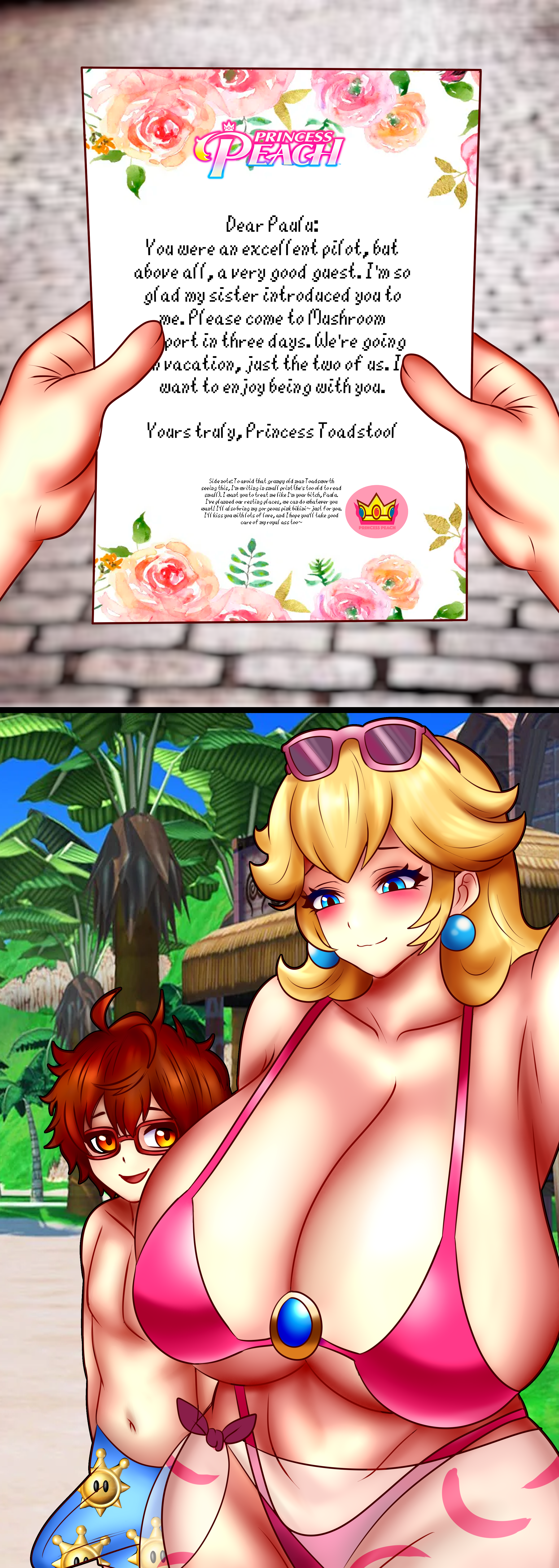 1boy, 1girls, age difference, beach, big breasts, big thighs, blonde female, blonde hair, blue eyes, boner, boner in underwear, boner under clothes, brown eyes, brown hair, busty, child bearing hips, chorquistudios, commission, earrings, erect penis, erection, erection under clothes, female, glasses, glasses on head, huge breasts, imminent sex, letter, looking at partner, looking pleasured, male, mario (series), mature female, mature male, milf, oc, older female and younger male, original character, palm leaf, palm tree, palm trees, palms, paulu, pink bikini, princess, princess peach, princess peach (swimwear), sexual tension, size difference, smaller male, smile, smiling, smiling at partner, sunglasses, sunglasses on head, sunshine, super mario bros., super mario sunshine, tall female, taller female, text, thong bikini, vacation