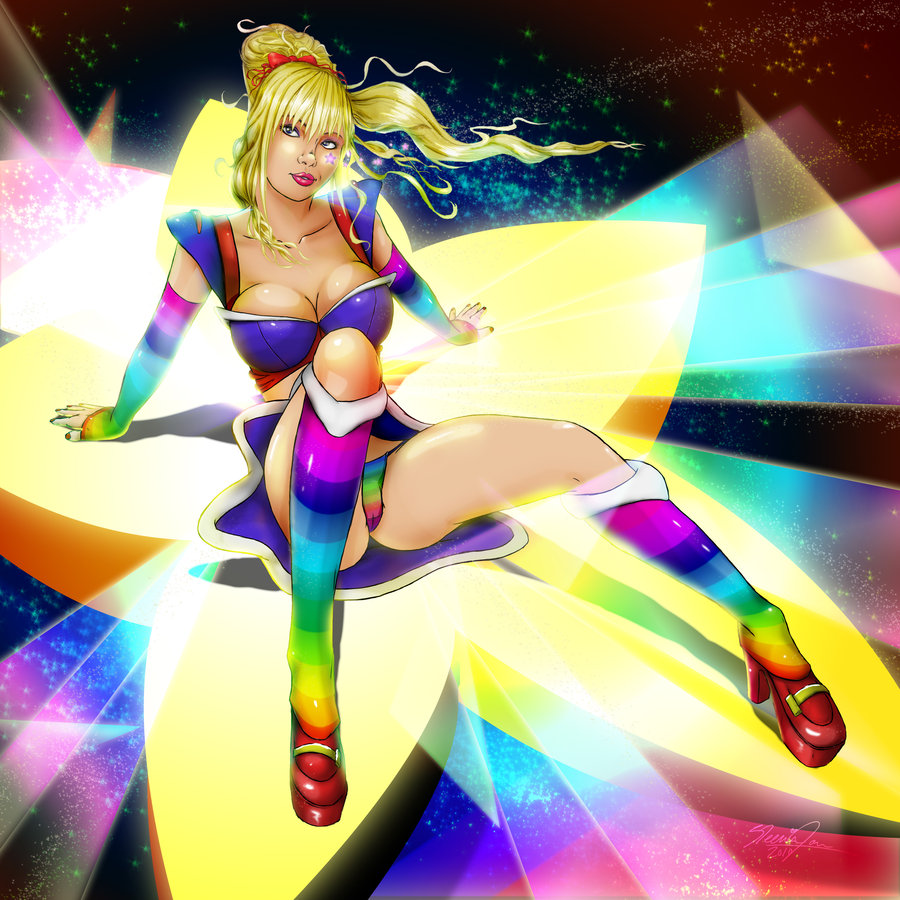 1girls blonde_hair blue_skirt breasts clothing facial_markings female high_ponytail panties rainbow_brite rainbow_brite_(character) rainbow_footwear skirt socks solo star_(symbol) star_on_cheek steevinlove