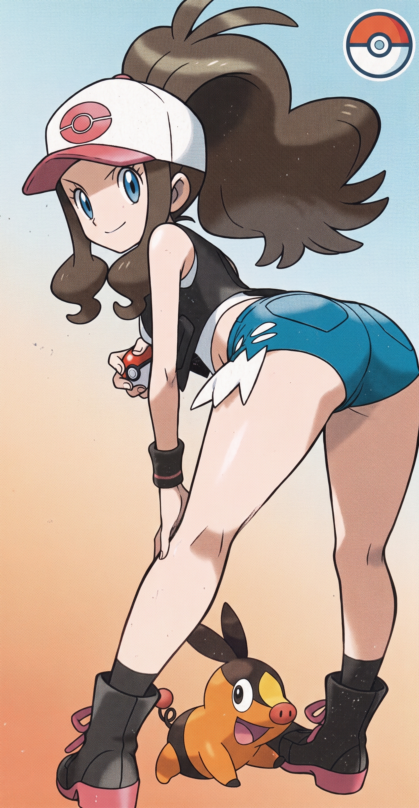 ass focus, baseball cap, bent over, big hair, blue eyes, denim shorts, gradient background, hat, highres, hilda (pokemon), holding poke ball, jean shorts, long hair, looking back, pokemon, pokemon bw, ponytail, shoes, short shorts, tepig, thighs