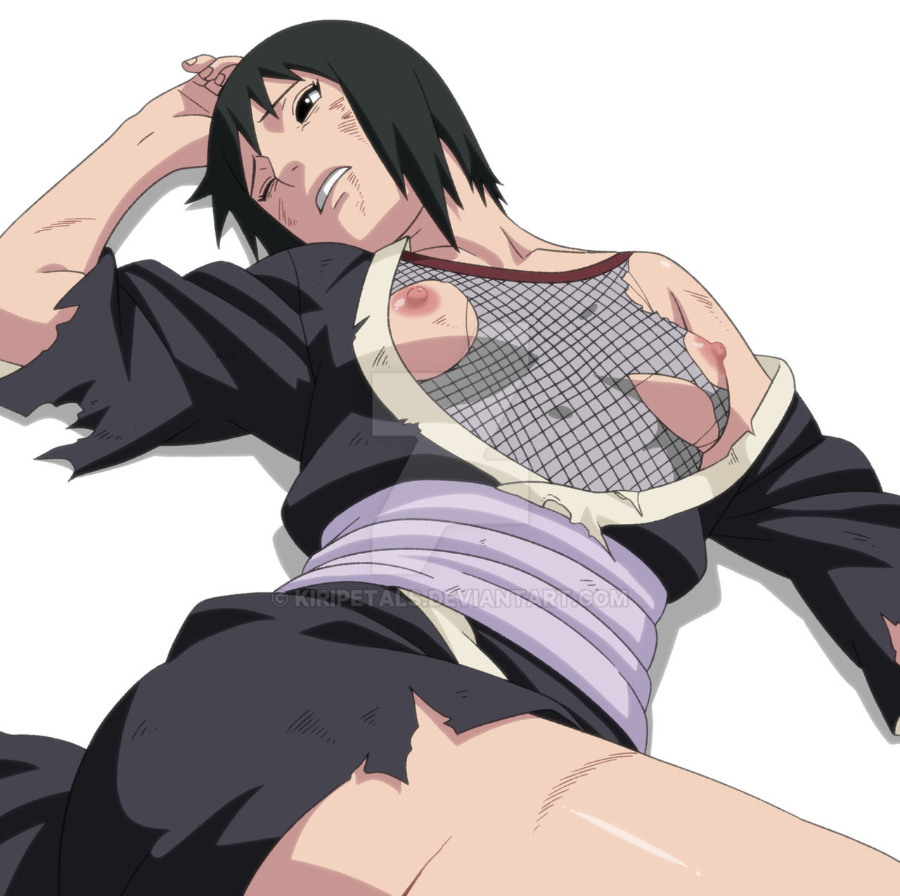 1girls, black eyes, black hair, breasts out, defeated, defeated heroine, female, kiripetals, looking away, mesh shirt, naruto (series), nipples, open clothes, shizune, small breasts, solo female, torn clothes