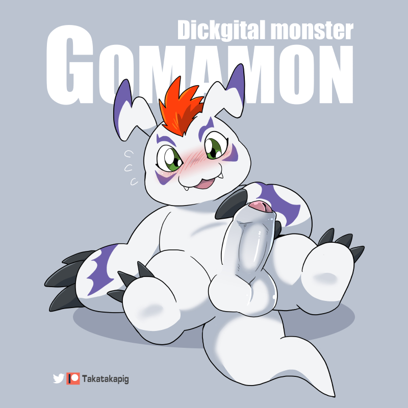 1:1 anthro balls bandai_namco blush claws cute_fangs digimon digimon_(species) erection foreskin genitals gomamon green_eyes hair lying male on_back penis red_hair solo takataka white_body