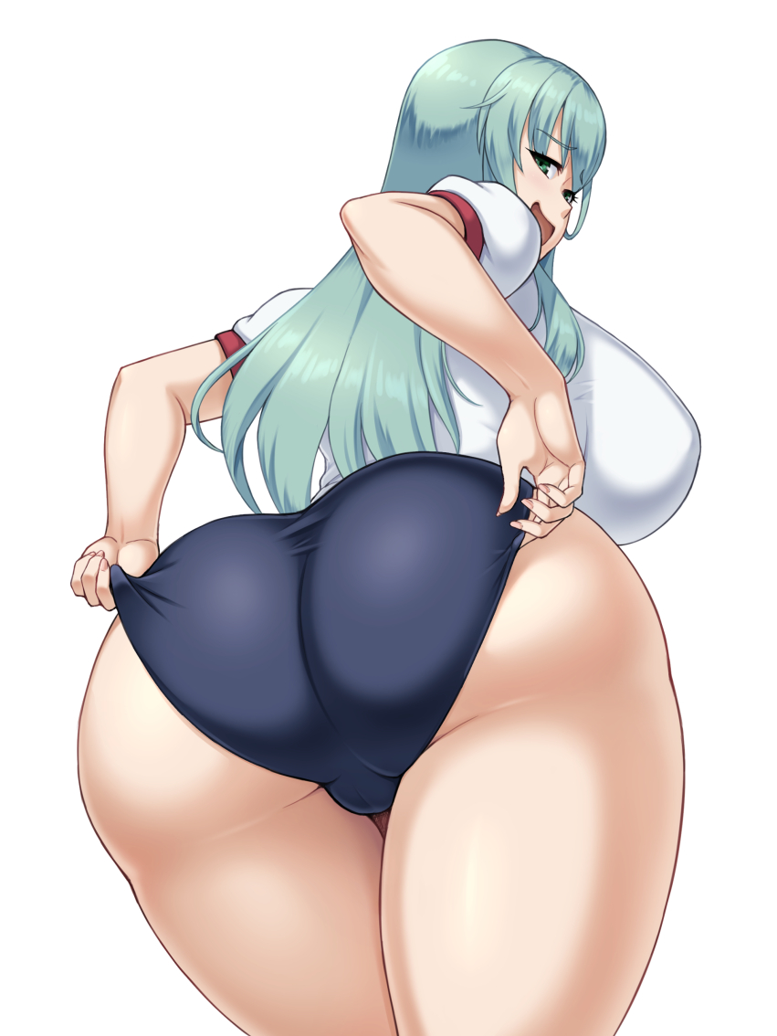 ass_focus big_ass big_breasts bloomers buruma cameltoe clothes_pull female female_only green_eyes gym_uniform huge_ass huge_breasts kantai_collection kawanuma_uotsuri long_hair looking_at_viewer looking_back massive_ass rear_view skin_tight solo suzuya_(kantai_collection) teal_hair wide_hips