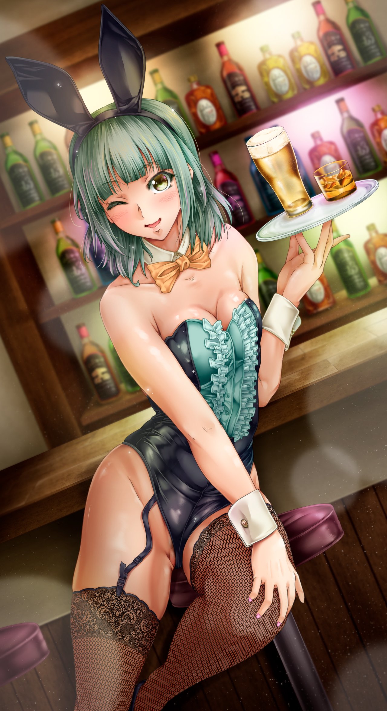 alcohol alternate_hairstyle animal_ears bar beer black_legwear black_leotard blush bottle breasts bustier cleavage commentary commentary_request cup eyebrows_visible_through_hair fake_animal_ears female green_hair green_leotard highres kantai_collection lace-trimmed_thighhighs leotard liquor multicolored_leotard one_eye_closed open_mouth plate pussy pussy_peek rabbit_ears short_hair sitting small_breasts smile solo stool thighhighs tsukineko wine wrist_cuffs yellow_eyes yuubari_(kantai_collection)