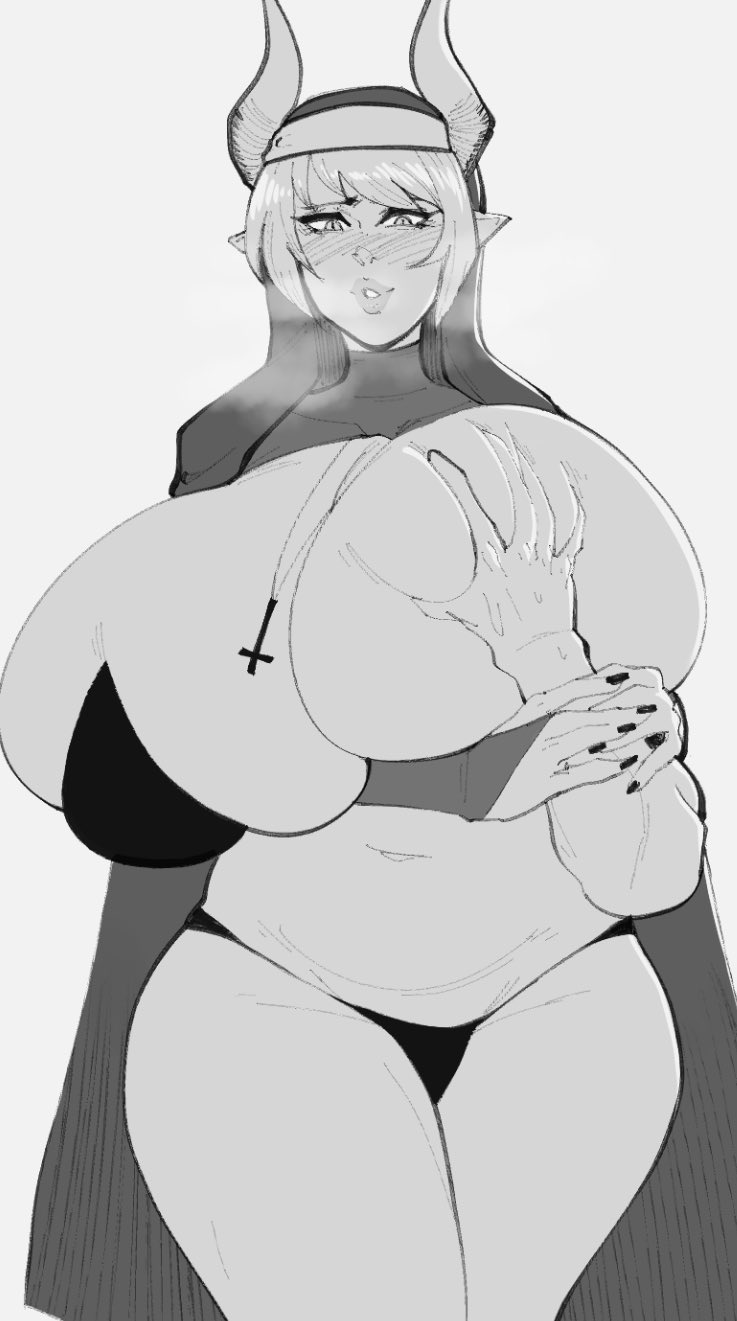 big breasts, black bra, bra, breasts, female, grabbing breasts, horns, huge breasts, large breasts, midriff, monochrome, nun, strongmoist, thighs, wide hips
