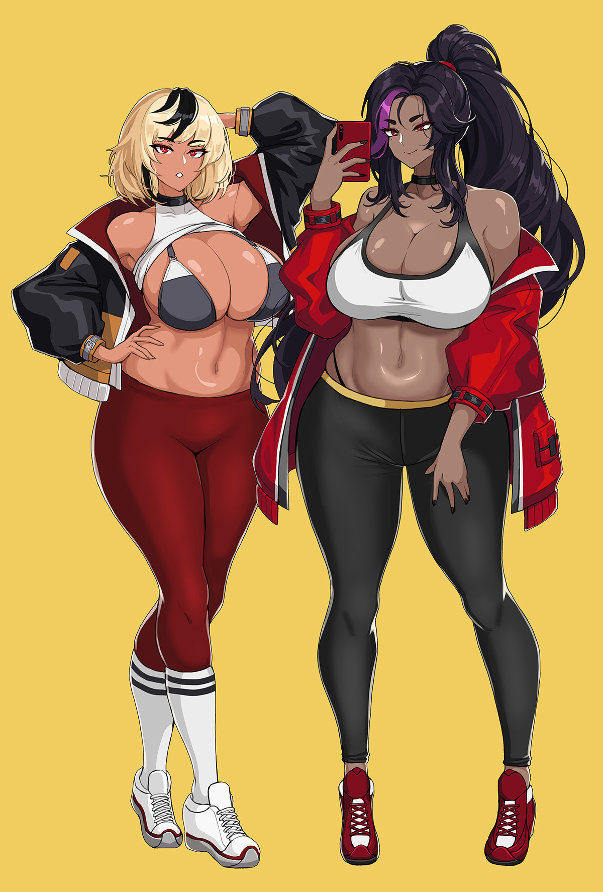 2girls, big breasts, bra, breasts, cellphone, cleavage, dark skin, dark-skinned female, drogod (artist), duo, duo focus, female, female only, gym clothes, huge breasts, jacket, large breasts, leggings, midriff, original character, pluto (drogod), red eyes, selfie, sideboob, sneakers, streetwear, tan skin, tank top, thick thighs, thighs, two-tone hair, unzipped jacket, wide hips, yoga pants