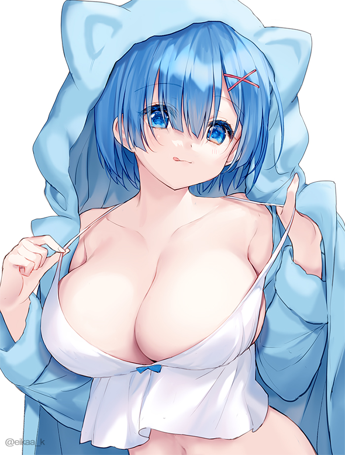 1girls big_breasts blue_eyes blue_hair cleavage eikaa female female_only re:zero_kara_hajimeru_isekai_seikatsu rem_(re:zero) simple_background tongue tongue_out white_background x_hair_ornament