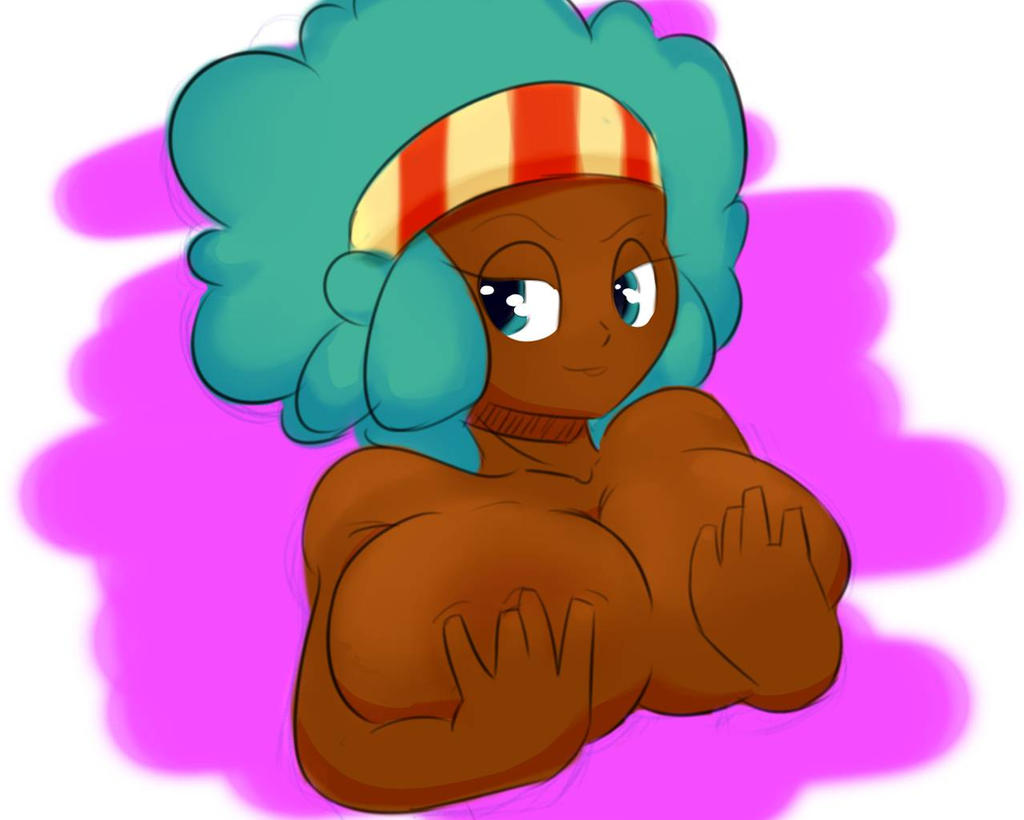 1girls afro big_breasts big_breasts colored completely_nude dark-skinned_female dark_skin female_only green_eyes green_hair gym_leader hands_on_breasts headband lenora_(pokemon) nintendo nude_female pokemon pokemon_bw solo_female sweater_pups uncensored