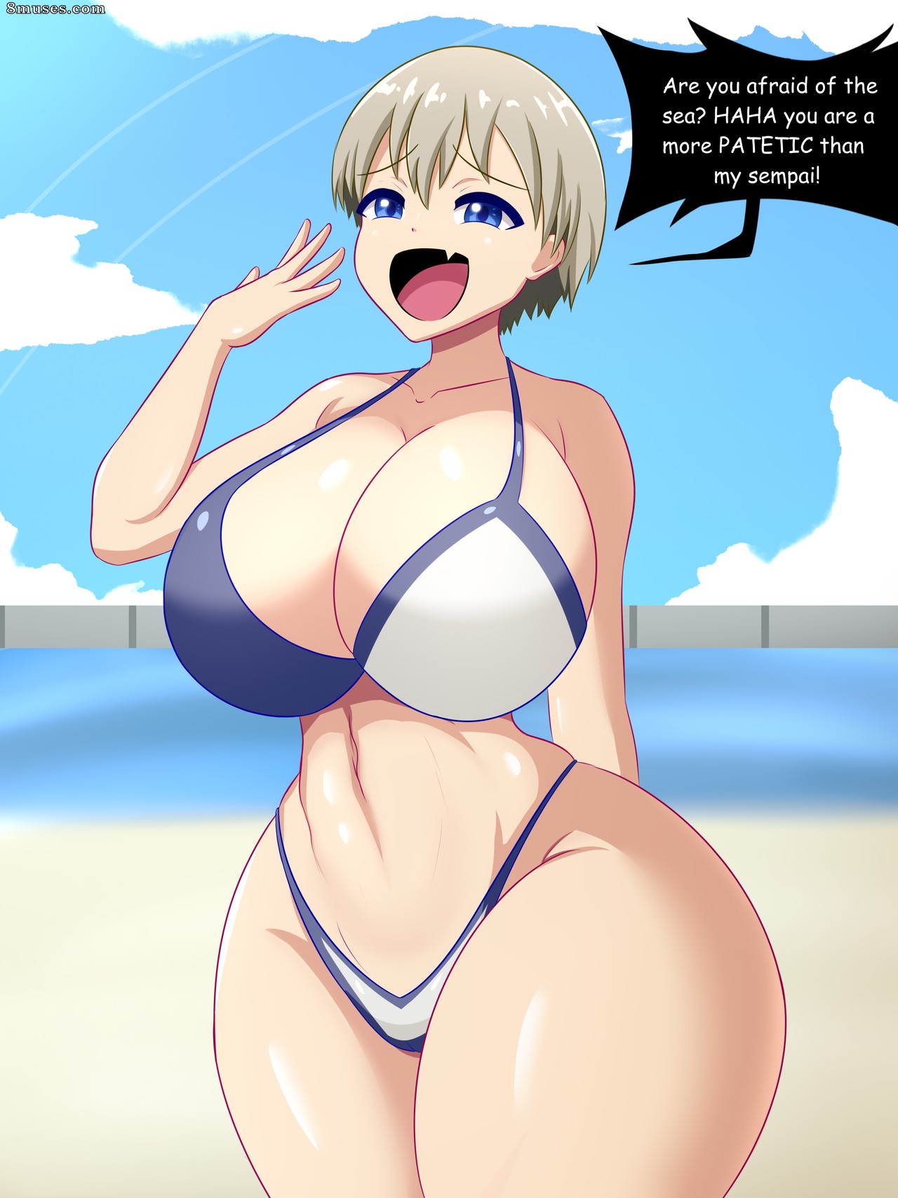 1girls, 2d, artist name, beach, big breasts, bikini, blue eyes, breasts, canine, dialogue, fake face, female, female only, fully clothed, grey hair, light skin, light-skinned female, mocking, panties, revealing clothes, sand, solo, swimsuit, text, text bubble, uzaki hana, uzaki-chan wa asobitai!, water