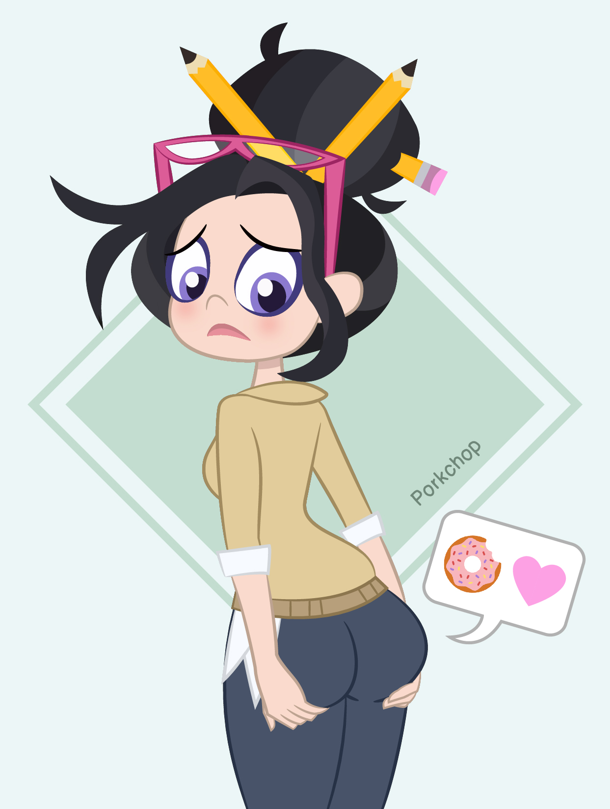 1girls, ass, ass grab, big ass, blush, dc, dc comics, dc super hero girls, donut, embarrassed, emoji, female, female only, fully clothed, grabbing own ass, heart, light skin, light-skinned female, lois lane, lois lane (shg), messy hair, porkchop (artist), rear view, solo, superman (series)