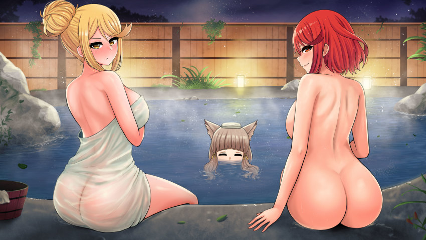 3girls, blonde hair, brown hair, female, hair bun, hot spring, looking at viewer, multiple females, multiple girls, mythra, naked, nia, night, nintendo, nude, pyra, red eyes, red hair, towel, water, xenoblade (series), xenoblade chronicles 2, yellow eyes