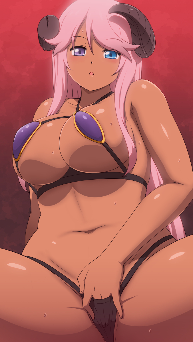 anime_coloring armor bikini_armor blue_eyes blush breasts broken_horn capitan_(tsyoujo) clothed_masturbation collarbone dark-skinned_female dark_skin demon_girl demon_horns eyebrows_visible_through_hair female fingering hair_between_eyes hand_under_clothes hand_under_swimsuit heterochromia highres horns laplazo_(capitan_(tsyoujo)) large_breasts long_hair looking_at_viewer masturbation navel o-ring o-ring_bikini original parted_lips pink_hair purple_eyes pussy pussy_peek redrawn sitting skindentation solo spread_legs sweat swimsuit thong