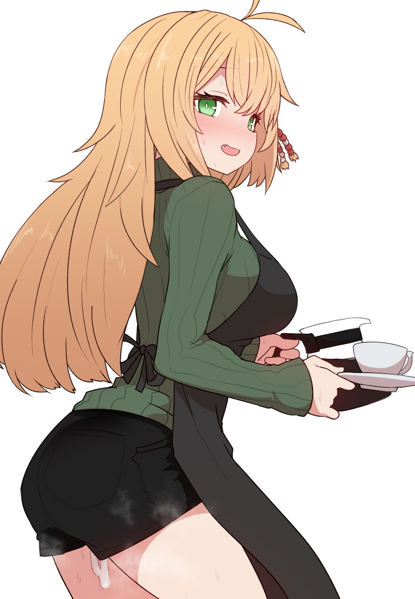 1girls antenna_hair apron black_apron black_skirt blonde_hair blush clothed_after_sex coffee commentary_request cum cum_wearing cumdrip cup female green_eyes green_sweater hair_ornament holding holding_cup long_hair long_sleeves oerba_yun_fang open_mouth shorts simple_background skirt solo sumiyao_(amam) sweat sweater thighs tsurumaki_maki voiceroid wavy_mouth white_background