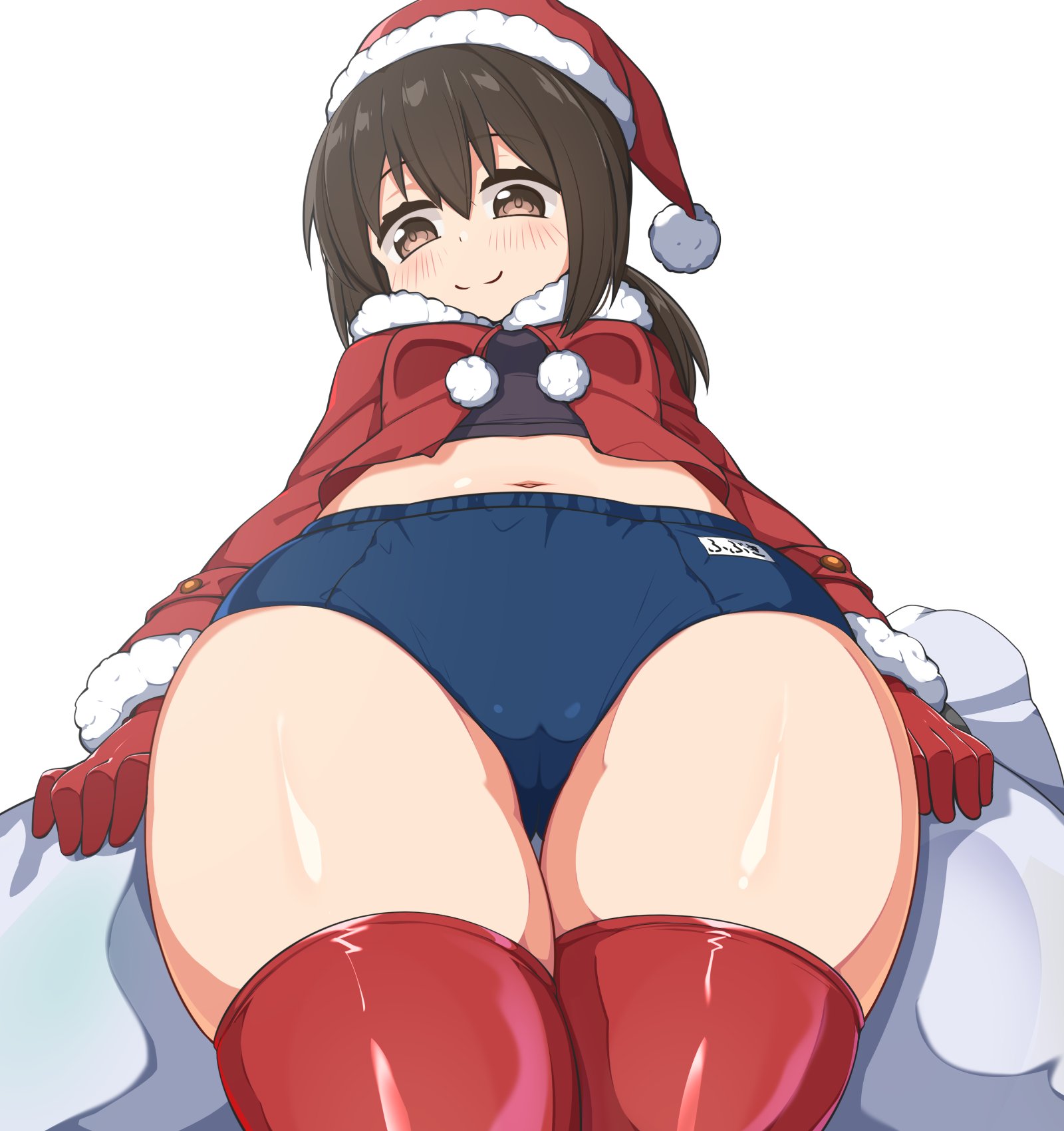 bloomers, blush, breasts, brown eyes, brown hair, buruma, christmas, christmas outfit, coat, female, female only, fubuki (kantai collection), fur trim, gloves, jacket, kantai collection, kurokoshou (emuburemu123), looking at viewer, looking down, low-angle view, red thighhighs, santa hat, skindentation, small breasts, smile, solo, thick thighs, thigh gap, thighhighs, wide hips, zettai ryouiki