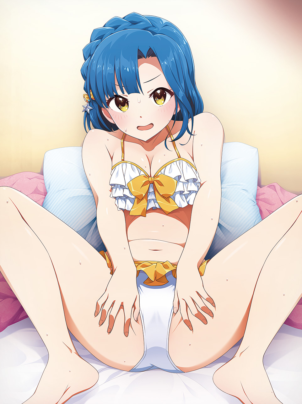 bangs bare_arms bare_shoulders barefoot bed bikini blue_hair blush bow braid breasts cleavage collarbone commentary_request crown_braid feet_out_of_frame female frilled_bikini frills hair_ornament hairbow halter_top halterneck hands_on_own_thighs highres idolmaster idolmaster_million_live! idolmaster_million_live!_theater_days indoors kabayaki_unagi knees_up looking_at_viewer medium_breasts medium_hair nanao_yuriko navel on_bed open_mouth orange_bikini orange_bow pillow sitting solo spread_legs spread_pussy_under_clothes star_(symbol) star_hair_ornament stomach sweat swimsuit two-tone_bikini v-shaped_eyebrows white_bikini yellow_eyes