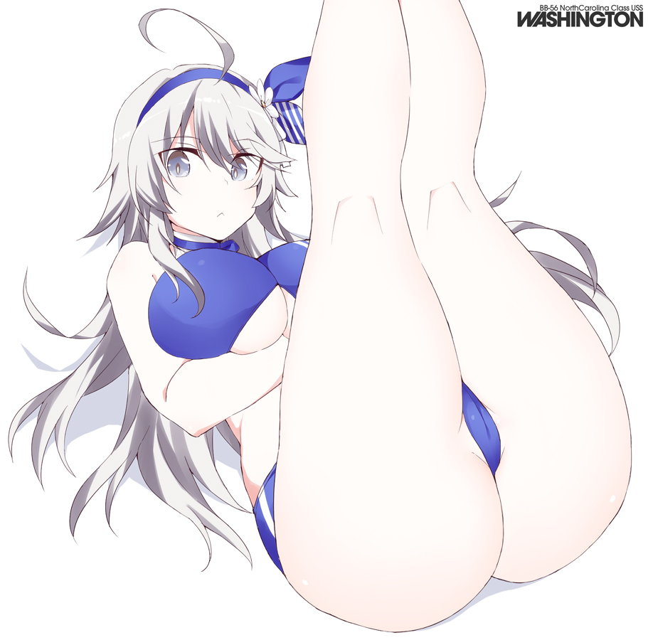 :< ahoge big_breasts bikini blue_bikini cameltoe cleavage feet_out_of_frame female female_only grey_eyes hair_ribbon hairband kantai_collection legs_up long_hair on_back pale-skinned_female pale_skin shigino_sohuzi silver_eyes silver_hair solo spiky_hair swimsuit thick_thighs underboob washington_(kantai_collection) wide_hips