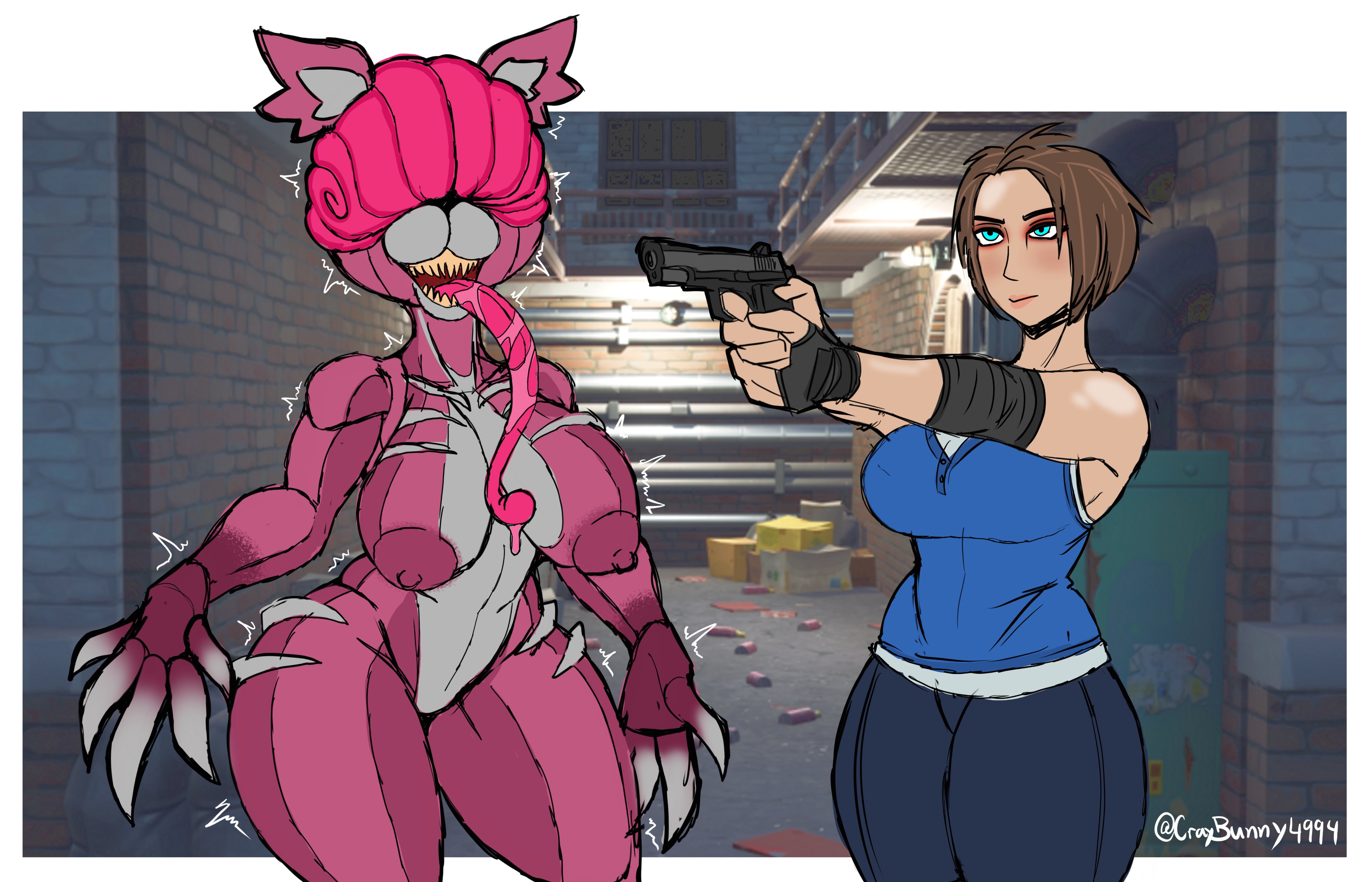 2girls, aiming, armwear, blue eyes, bottomwear, breasts, brown eyebrows, brown hair, christomwow, claws, clothed female nude female, cosplay, crossover, cuddle team leader, cuddle team leader (cosplay), elbow pads, eyebrows, eyeless, female, female licker (resident evil), female protagonist, fingerless gloves, firearm, fortnite, gloves, green eyes, gun, hair, handgun, handwear, jill valentine, jill valentine (sasha zotova), large breasts, large hands, licker (resident evil), long tongue, monster girl, mouth, multiple females, multiple girls, nipples, nude, nude female, open mouth, pistol, resident evil, resident evil 3, sharp teeth, sleeveless, teeth, thick thighs, tired eyes, tongue, tongue out, topwear, weapon, wide hips